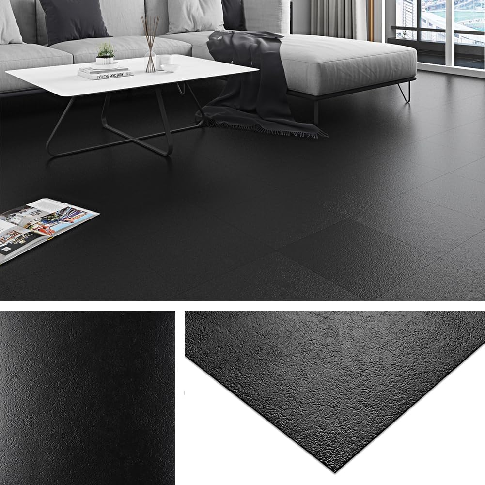 Solid Black Vinyl Flooring 16-Pack 12x12 Inch Bathroom Peel and Stick Floor Tile Waterproof Kitchen Floor Tiles Rubber Sticky Tiles for Floor Garage Rv Flooring Linoleum Sheet Groutable