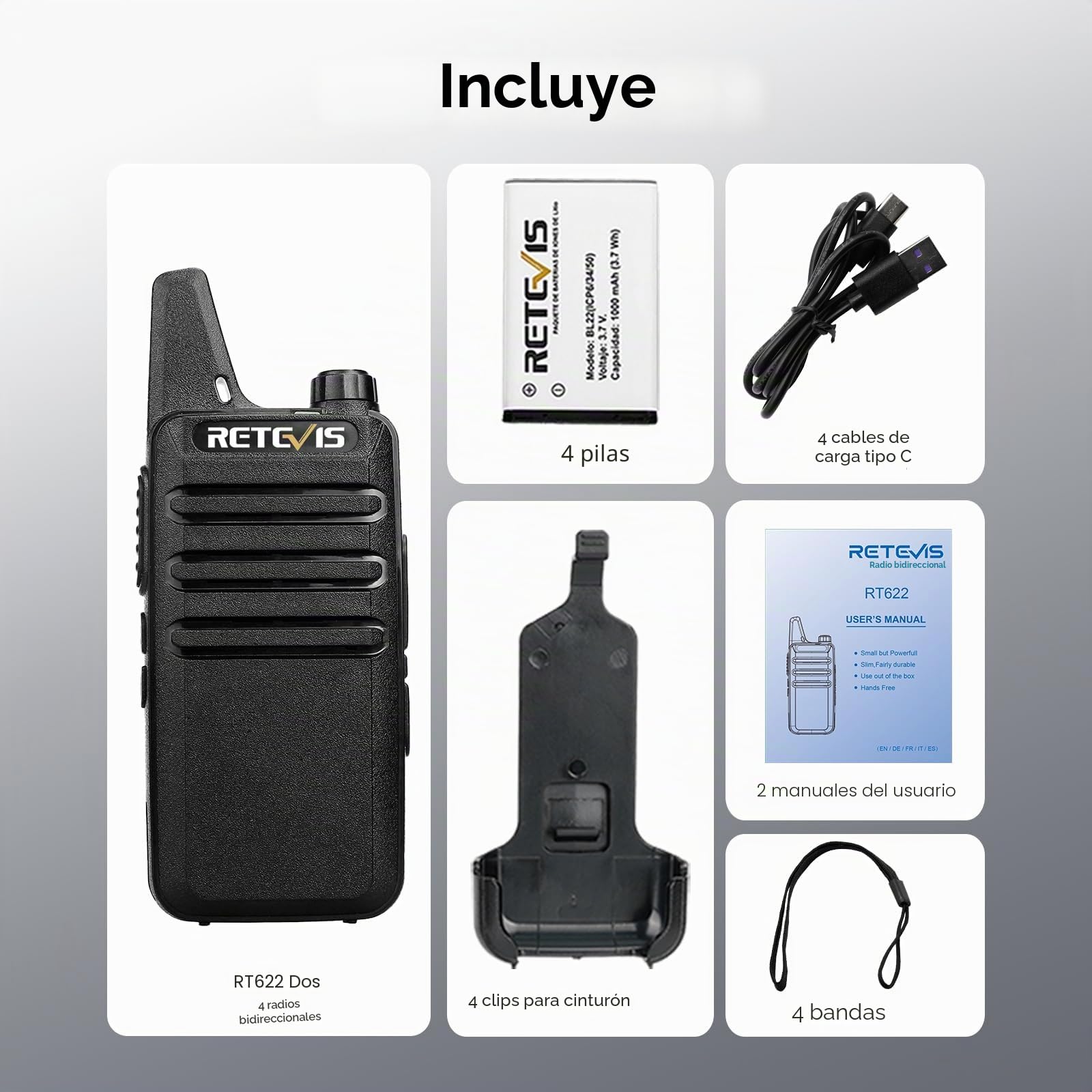 Retevis RT622 Walkie Talkie, Mini Walkie Recargable, PMR446 Licencia Libre, VOX Squelch CTCSS/DCS, Emergencia Walkie-Talkie Profesional para Adultos, Colegio (Negro, 4 Piezas)