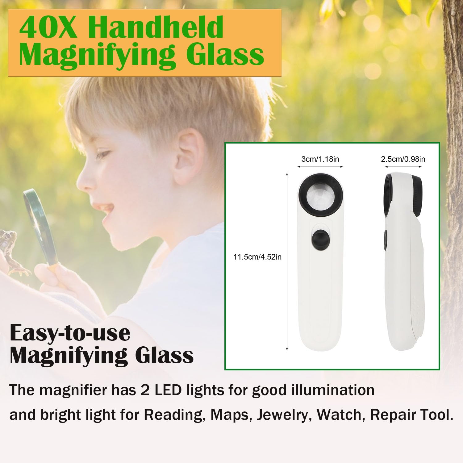 Lupa de mano de 40 aumentos de alta potencia iluminada de mano con lupa para joyería de ojos con 2 luces LED y funda de cuero para leer mapas, joyería, herramienta de reparación de relojes