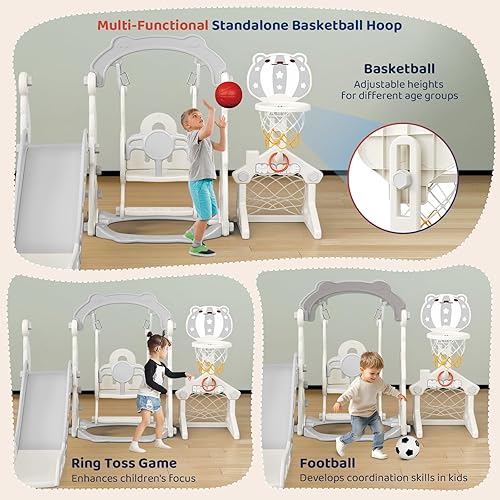 Miniatura 6 de Tobogán para niños pequeños, juego 6 en 1 para niños  Mejora con tobogán, columpio, fútbol y lanzamiento de anillos para niños de 1 a 3 años, parque