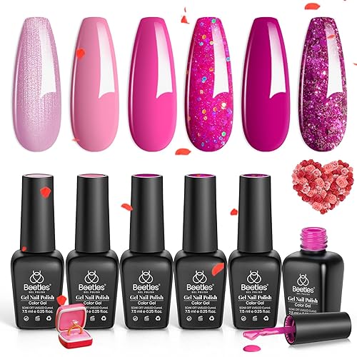 Miniatura 2 de beetles Gel Polish Juego de 6 colores rosa, rosa y rojo con purpurina, kit de uñas de gel semipermanente con kit de uñas de gel Beetles, juego de