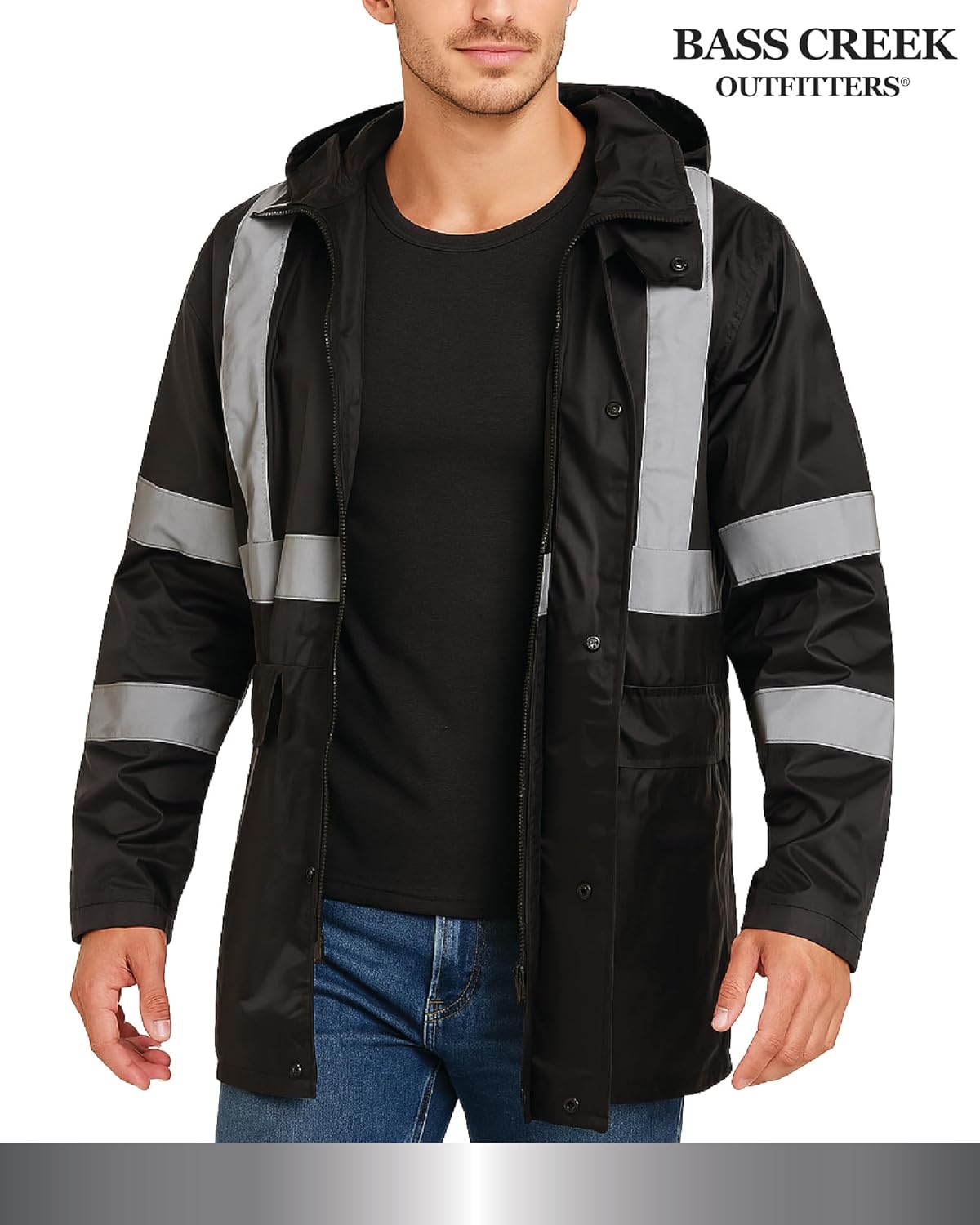 Bass Creek Outfitters Mens Rain Jacket - Waterproof Hooded High Visibility Safety Coat with Reflective Strips - Image 2