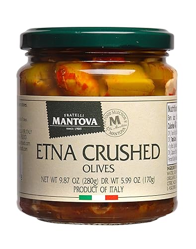 Mantova Etna Aceitunas trituradas en salmuera picante con chile, ajo y orégano, 9.87 onzas (paquete de 2), producto de Italia, sin OMG, sin gluten,
