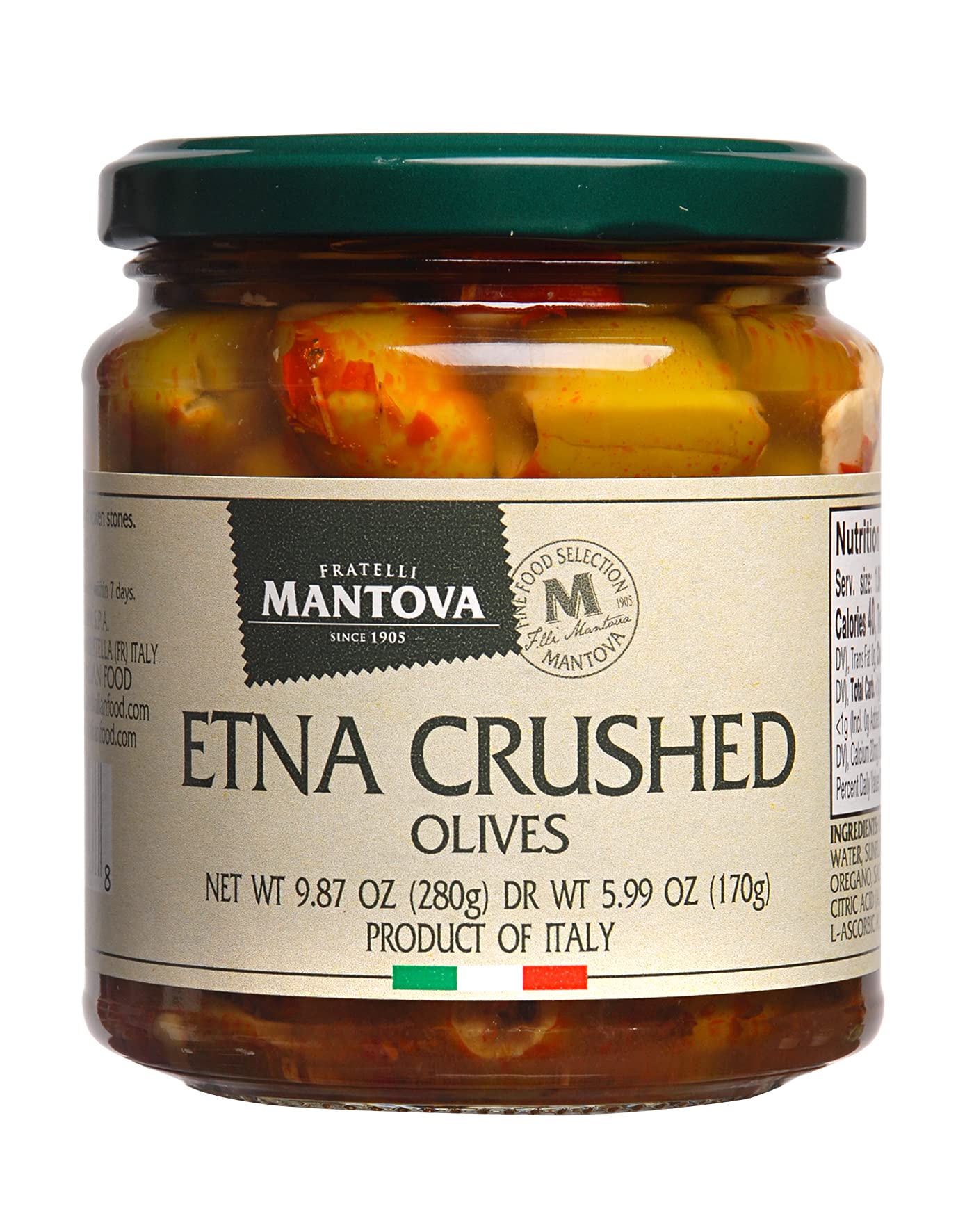 Mantova Etna Crushed Olives in a Spicy Brine with Chili, Garlic and Oregano, 9.87 oz. (Pack of 2), Product of Italy, Non-GMO, Gluten-Free, Cholesterol-Free, Vegan-Friendly, Paleo-Friendly