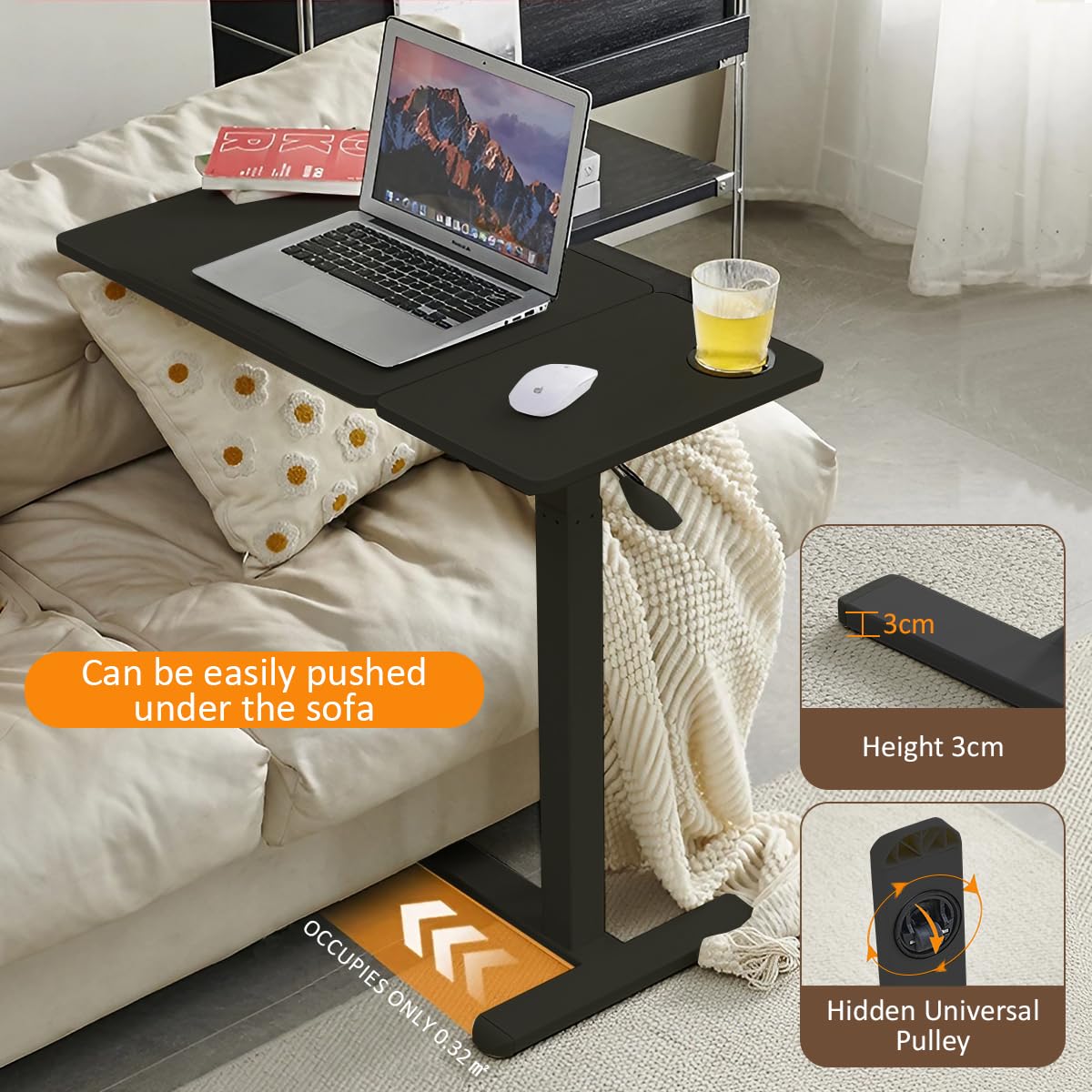 Mesa de cama con ruedas, 80 x 40 cm, plegable de madera maciza, altura ajustable (73-110 cm), mesa de noche inclinable con elevador de gas, ruedas ocultas