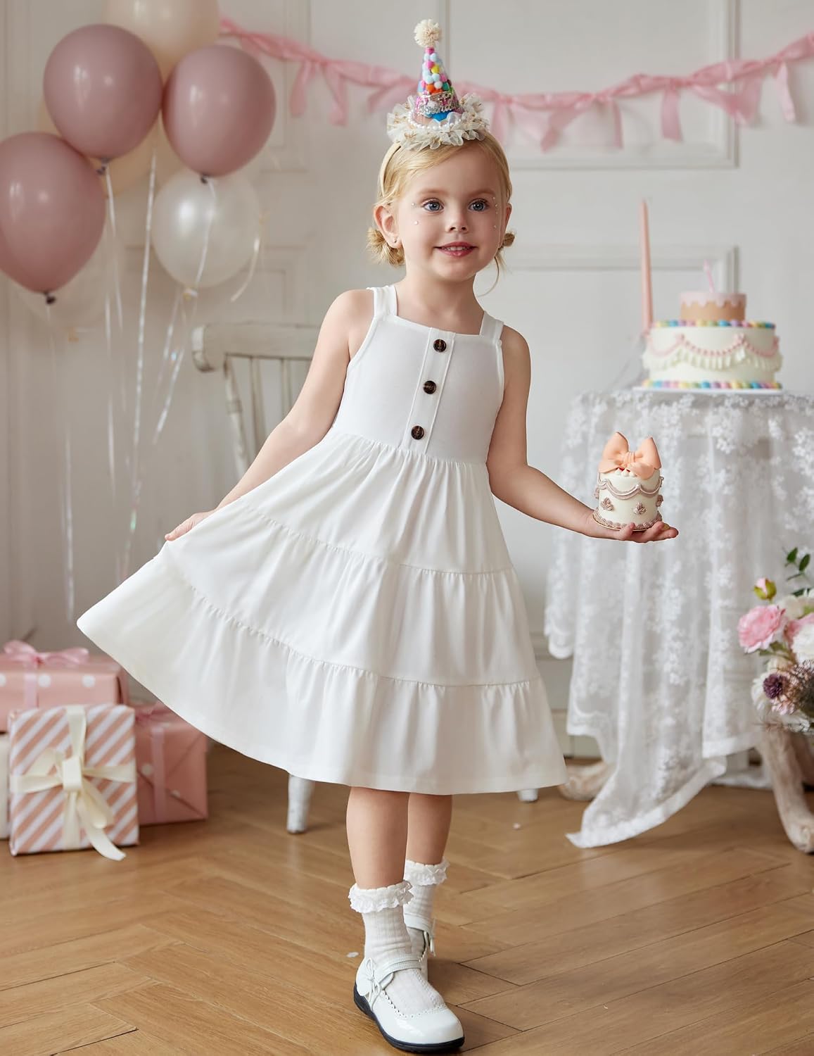 Arshiner Toddler Girl Summer Dresses Casual Sleeveless Button Down Swing Flowy Tiered Midi Sundress with Pockets