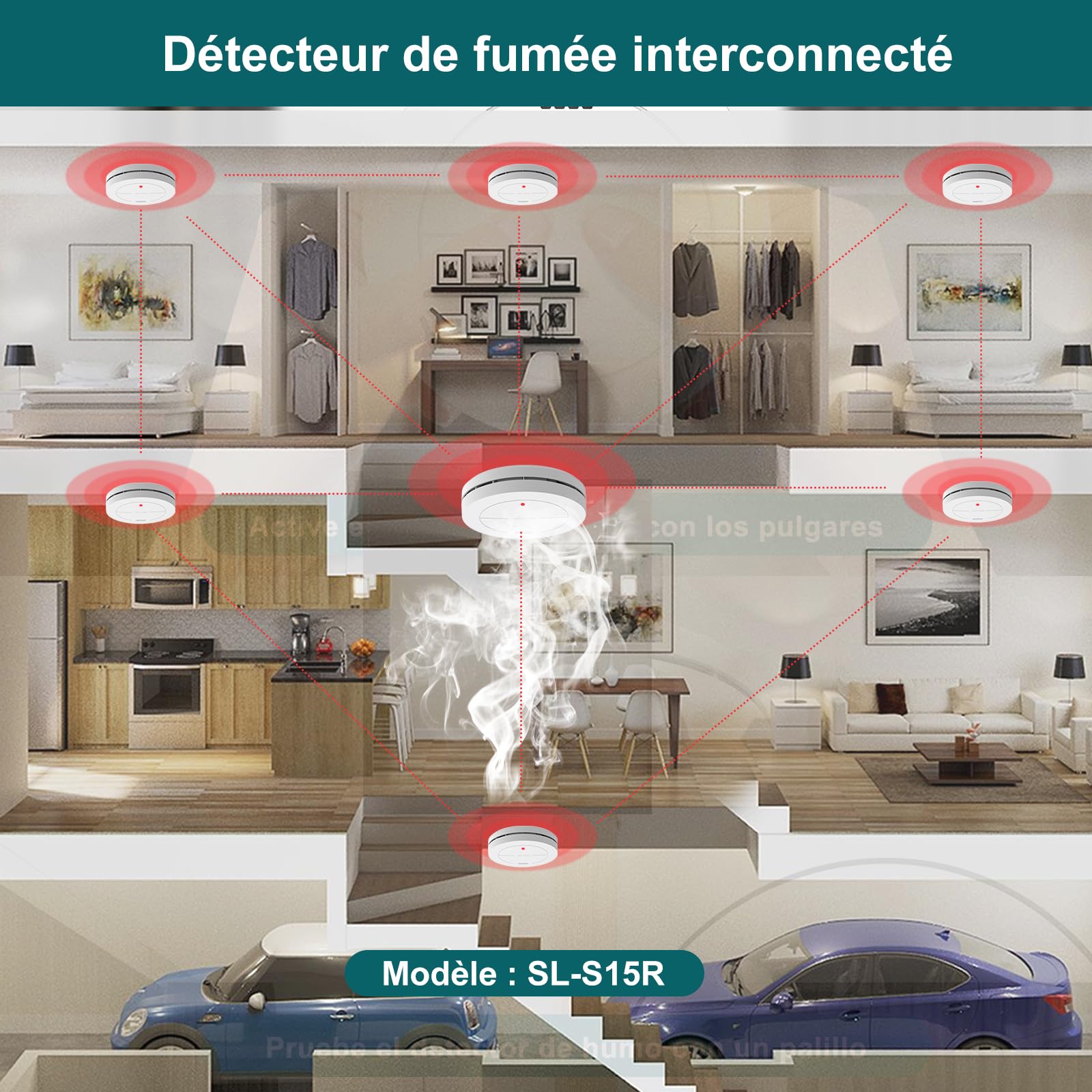 Safeliveo Détecteur de fumée interconnecté, détecteur d'incendie avec batterie de 10 ans, détecteur de fumée certifié TUV Rheinland avec alarme sonore de 85 dB, fonction silencieuse. SL-S15R, 2 pièces
