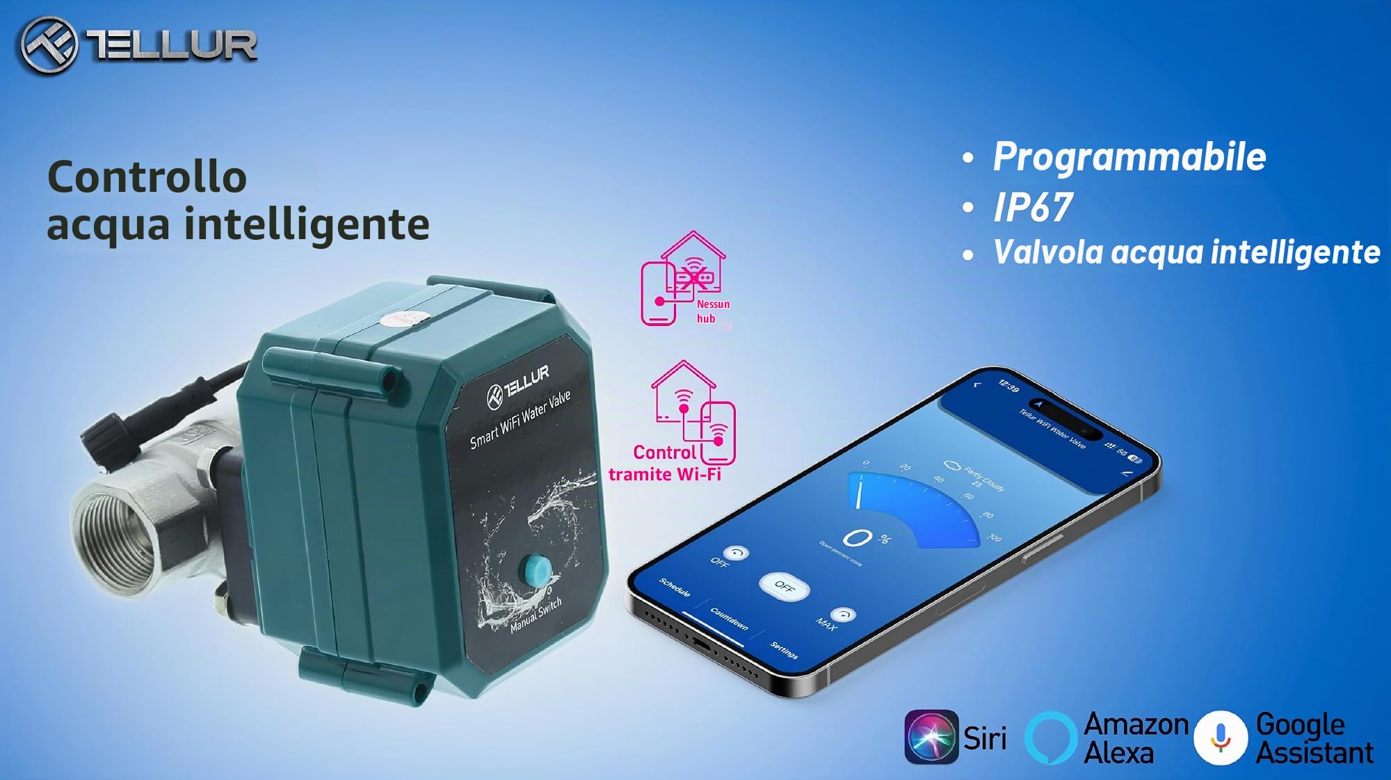 TELLUR SMART Elettrovalvola Acqua WiFi, Elettrovalvola di Sicurezza, App Telefono, Controllo Vocale con Alexa e Google, per Bagno, Cucina, Giardino, Azienda, Nessun Hub, Filettatura DN20 (3/4"), 10bar