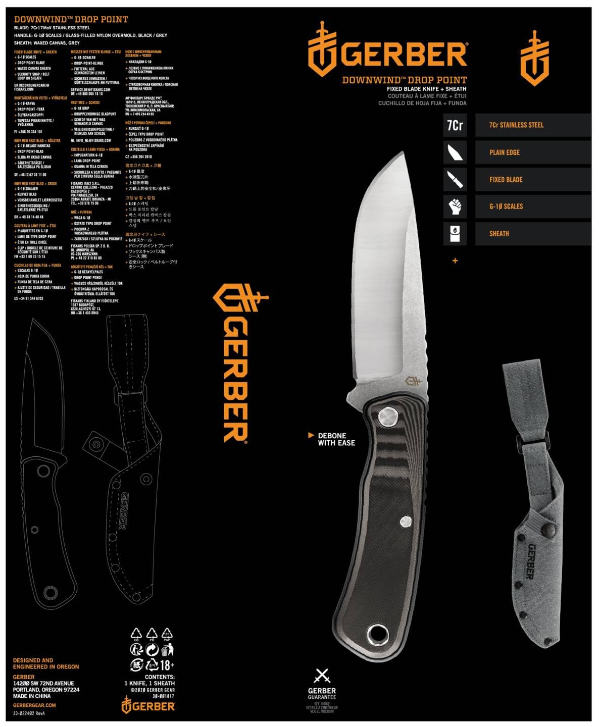 Gerber Cuchillo de supervivencia con funda Downwind Fixed DP, 10,8 cm, G10/7Cr17MoV, Negro