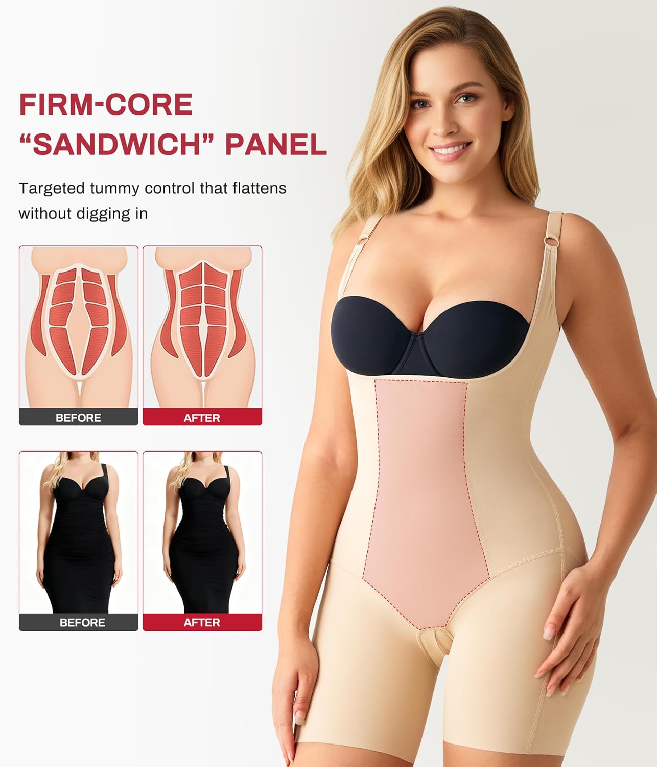 Nebility Shapewear Bodysuits for Women Tummy Control Body Shaper Butt Lifter Open Bust Mid-Thigh Compression Body Suits - Image 2