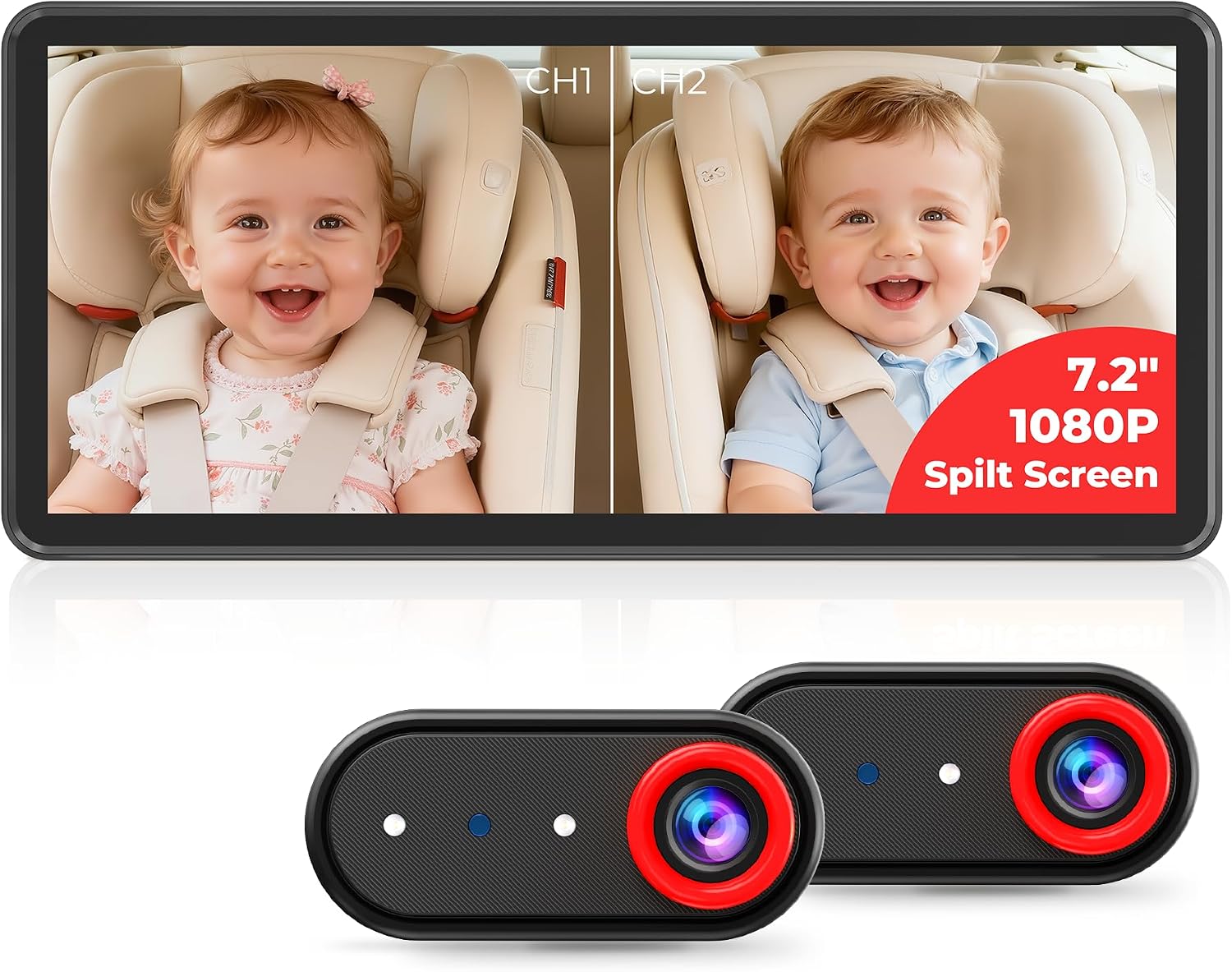 LUCKVIEW BM5PRO 7.2" 1080P HD Baby Car Camera for 2 Kids, Split Screen with IR Night Vision, Easy to Install & Adjust Brightness, Dual Car Camera Baby Monitor for Rear Seat Safety (Red)