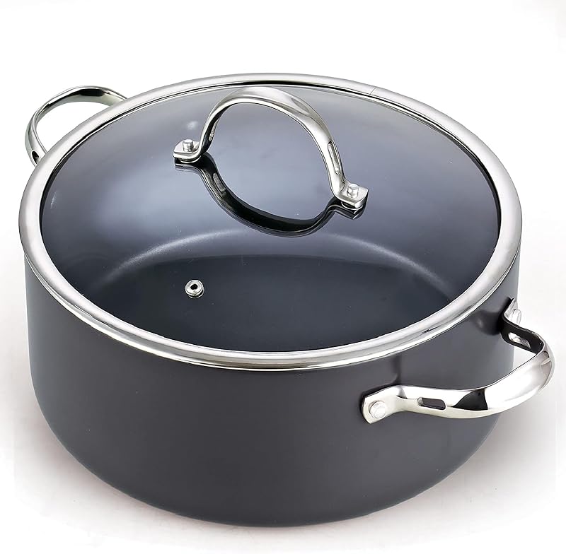 Classic 7-Quart Hard Anodized Nonstick Stock Pot Dutch Oven | Heavy-Gauge Aluminum Body & Vented Tempered Glass Lid. Fits gas, electric & ceramic cooktops, Not Induction, Black