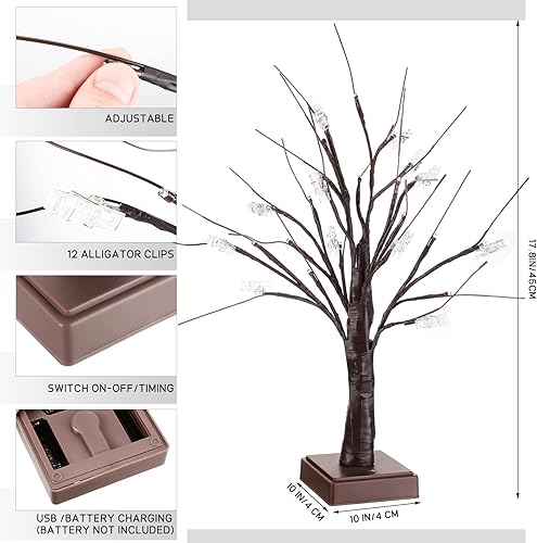 Miniatura 2 de 2 soportes de regalo para árbol de dinero, 17 pulgadas, 1.5 pies, árbol de abedul de mesa iluminado con luces LED con 24 clips, árbol de tarjetas de