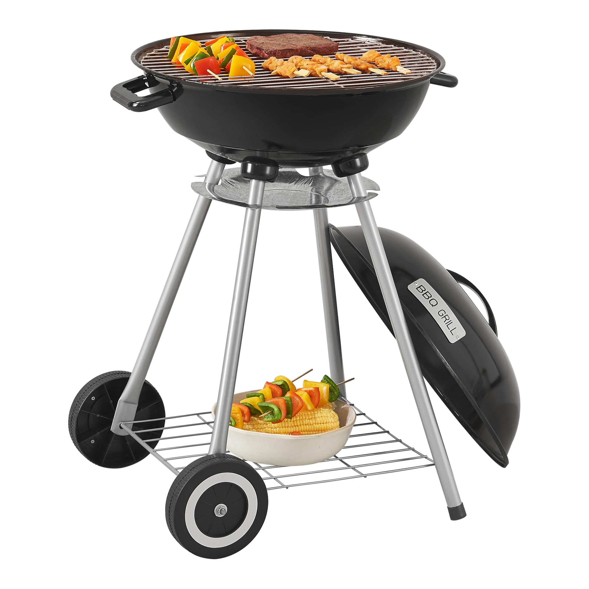 casa.pro Barbecue Sferico a Carbonella BBQ Grill Portatile Carrello Barbecue da Esterno Picnic BBQ con Coperchio Griglia in Acciaio Inox Ripiano 80 x 49 x 47 cm