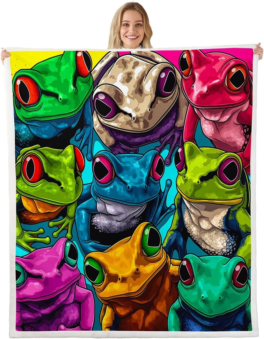 Erosebridal Funny Frog Fleece Bed Blanket Queen 90"X90" Hippie Graffiti Frogs Throw Blanket Colorful Tie Dye Tropical Wildlife Sherpa Blanket for Kids Boys Teen,Retro Jungle Animal Fuzzy Blanket