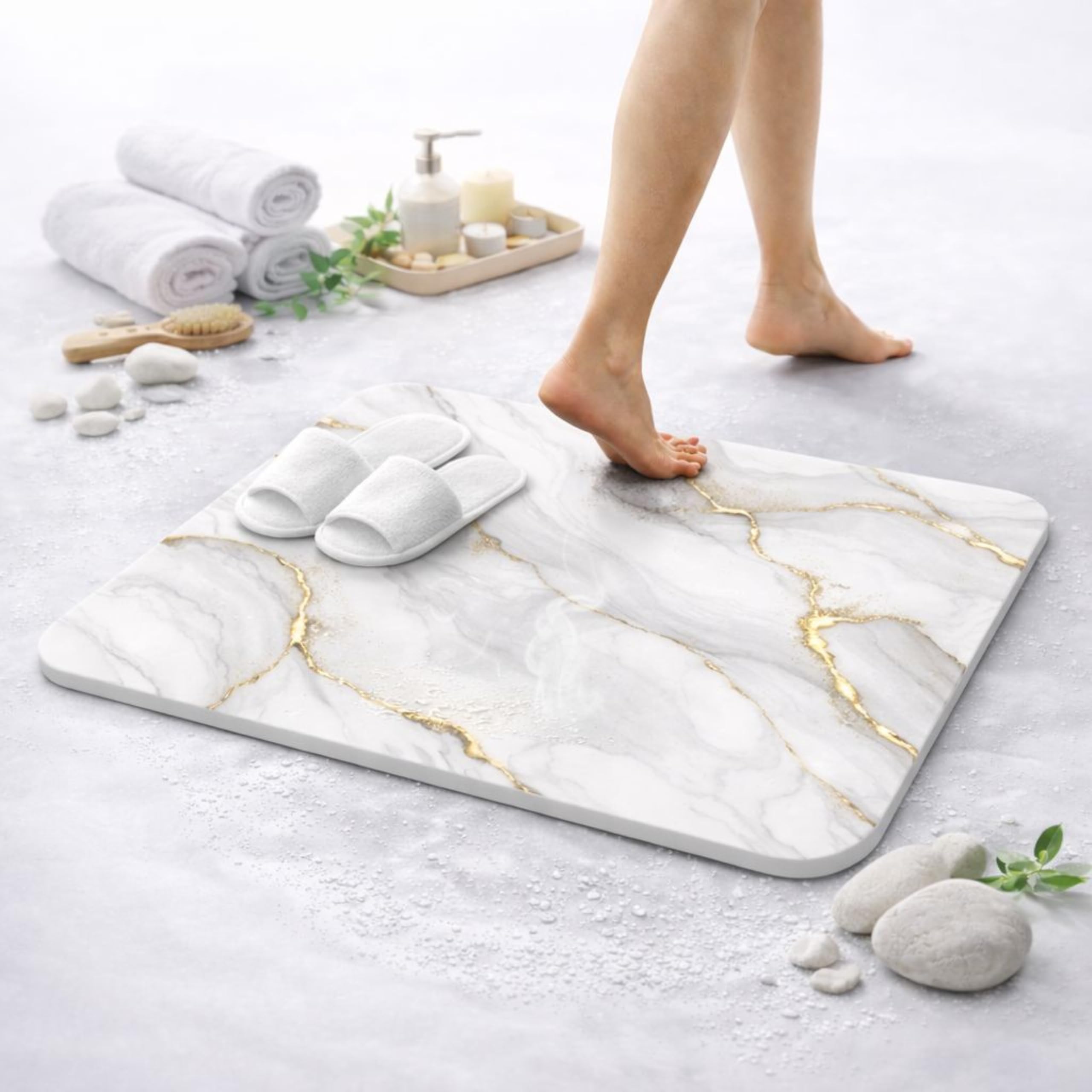 Tappeto diatomite bagno (60 x 40 cm) - Pietra assorbente ad asciugatura istantanea, antibatterico e antiscivolo, per doccia e cucina, effetto marmo avorio