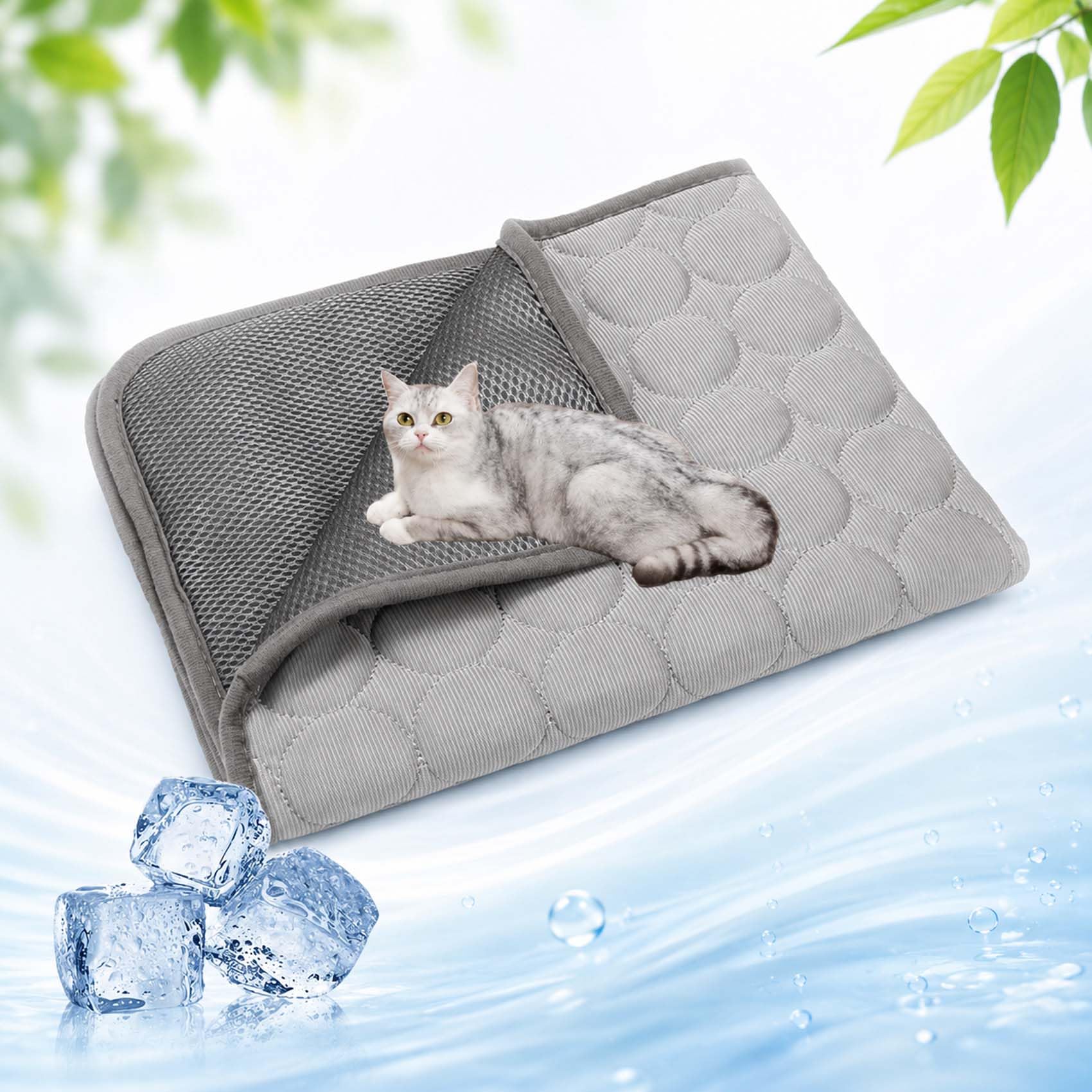 Leyof KüHlmattе Katze Ohne Gel, KüHlmattе Ohne Gel Katze, 4 GrößEn – Geeignet FüR Katzen & Hunde; Waschbare, rutschfeste KüHlmatte Aus Eisseide FüR Den Innen & AußEnbereich (Grau,M)