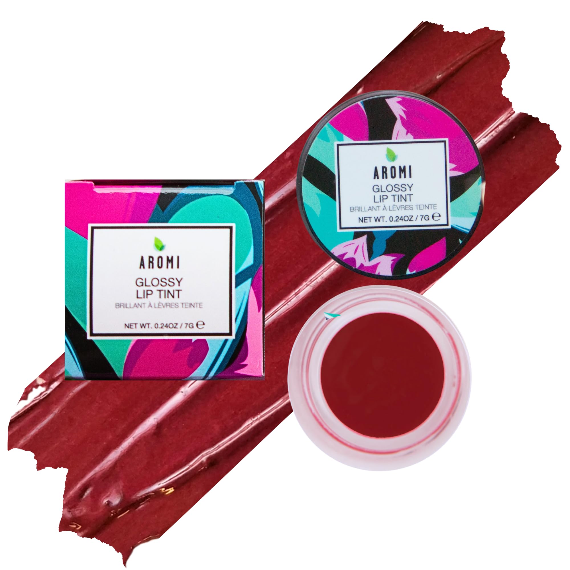 Aromi Glossy Lip Tint in Pot Shimmery Hydrating Lip Gloss Color Metallic Dark Red Maroon Shade Vegan Cruelty-free