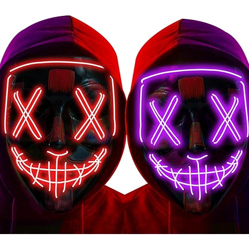 anroog Halloween Mask LED Light up Mask (2 Pack) Scary mask for Festival Cosplay Halloween Costume Masquerade Parties,Carnival (Purple+Red)