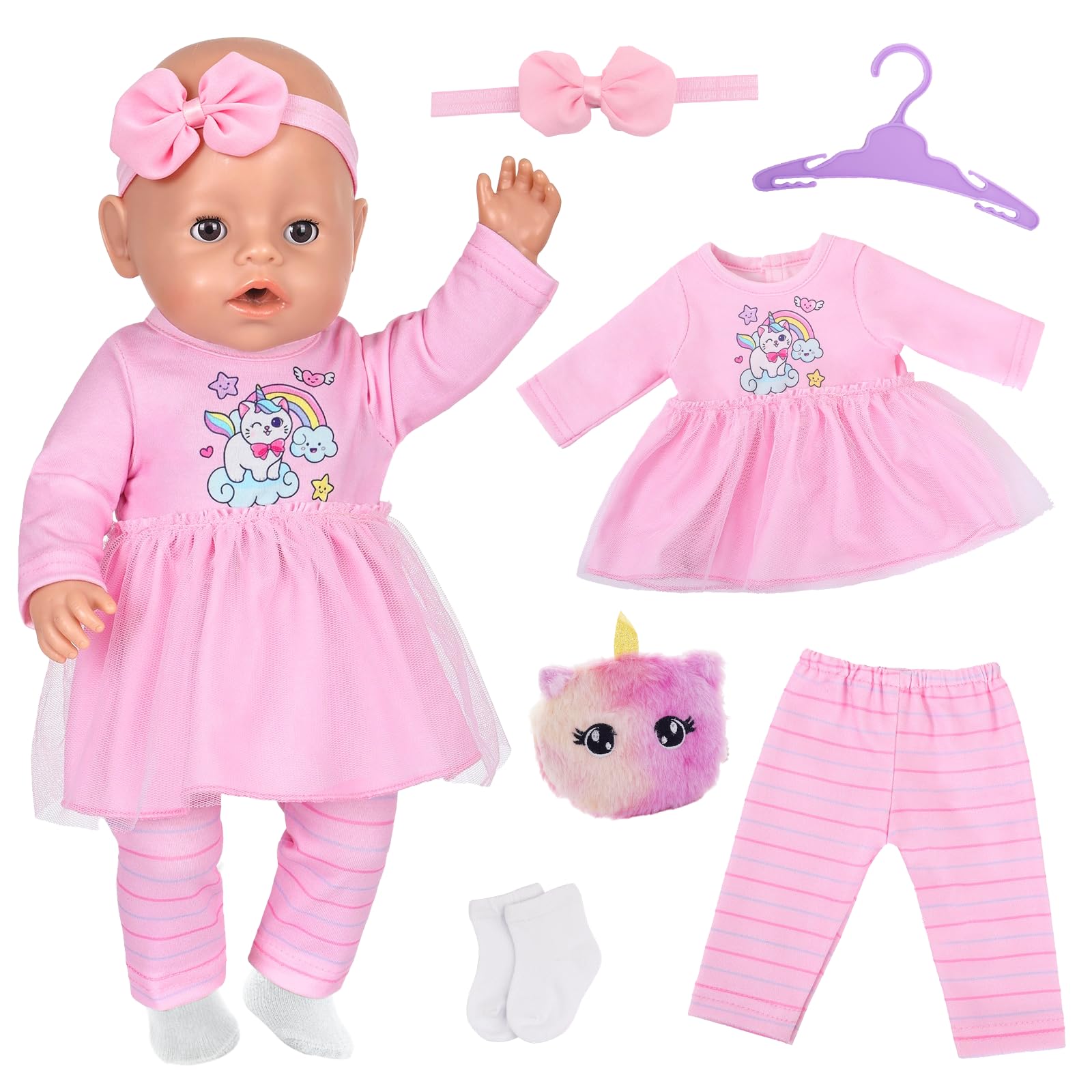 6 Pcs Baby Doll Clothes for 14-18 Inch Dolls, Sweet Baby Dolls Clothes Outfits with Pink Cat Dress Trousers Hairband Bag Hanger Socks for 35-45 cm, Doll Clothes Accessories Girls Birthday Gift