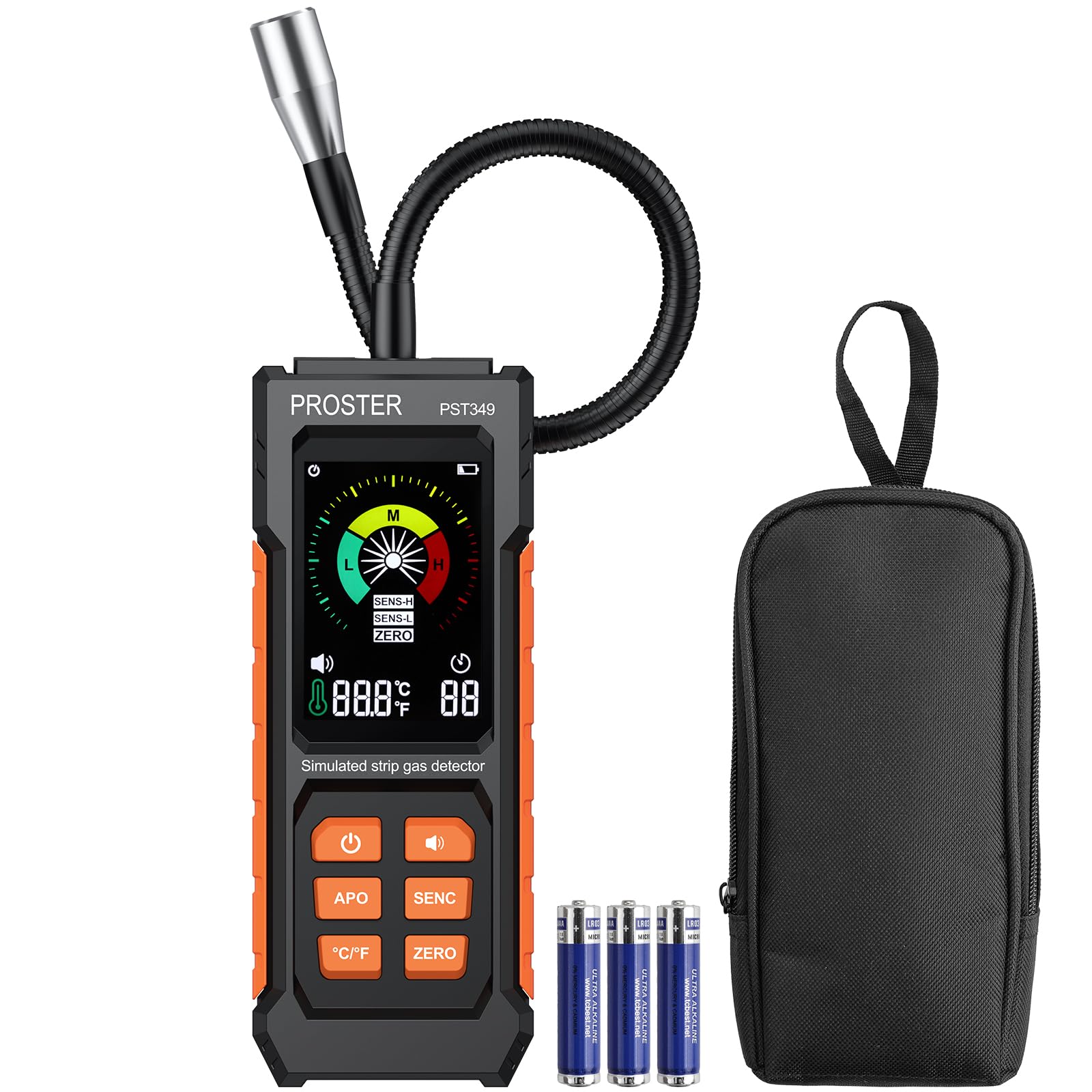 Proster Gasdetektor Gasmelder Gasleckdetektor Gaswarngerät Erdgasdetektor - Hochpräzises Messgerät mit Auto-Kalibrierung, 27 cm Flexible Sonde, Schneller Alarm für Zuhause Wohnmobil Küche Propan