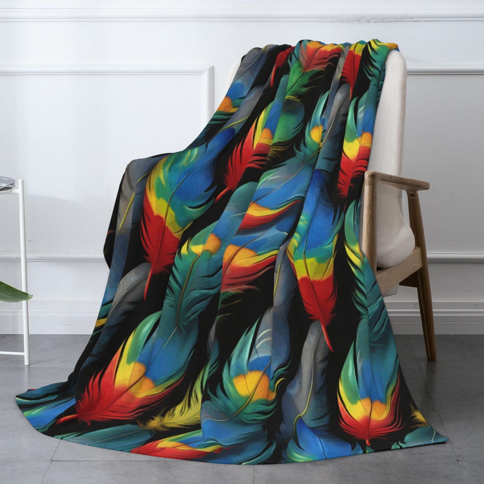 Gemütliche Winter-Flanelldecke, 70 x 80 cm, Papageienfeder-Druck, Überwurf für Sofa, Bett, Camping, weich, warm, perfekt für Heimdekoration und Außenbereich