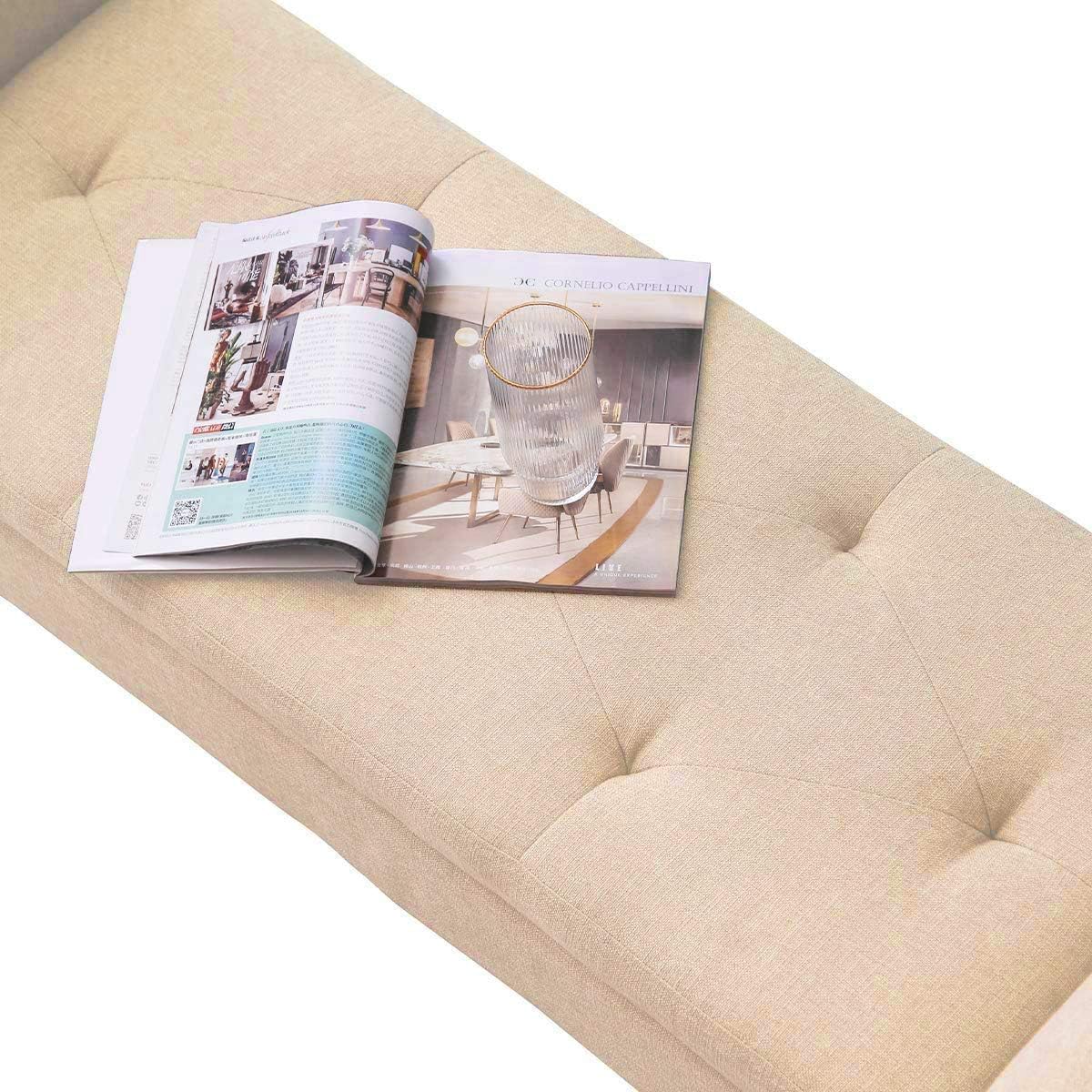 Alunaune Upholstered Storage Bench for Bedroom End of Bed Bench Ottoman, Tufted Entryway Bench Settee, Modern Fabric Footstool with Arms for Living Room-Tan