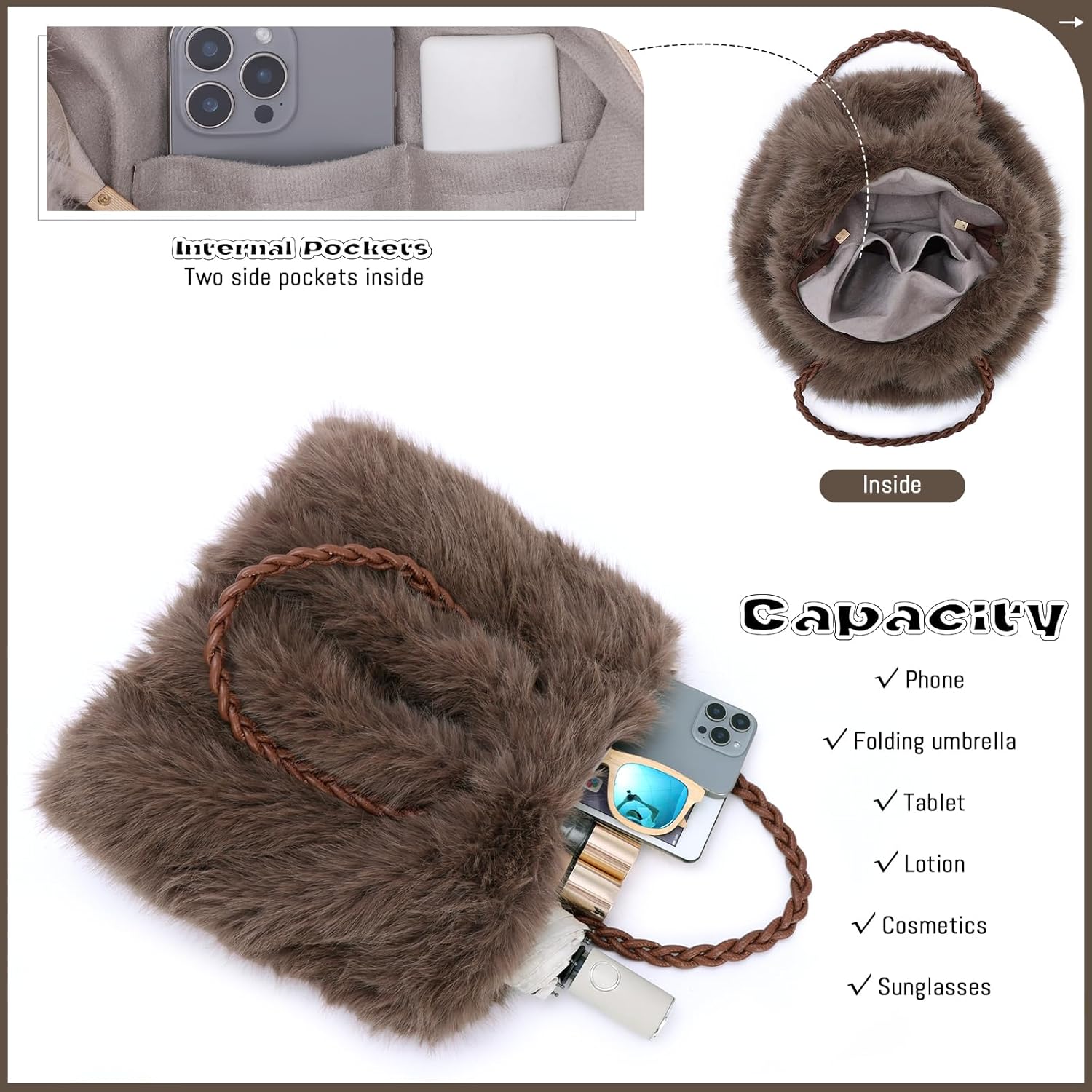 GOKTOW Faux Fur Purse for Women, Soft Fluffy Furry Fuzzy Handbag,3-Way Carry Tote Bag for Winter Daily Commute Shopping