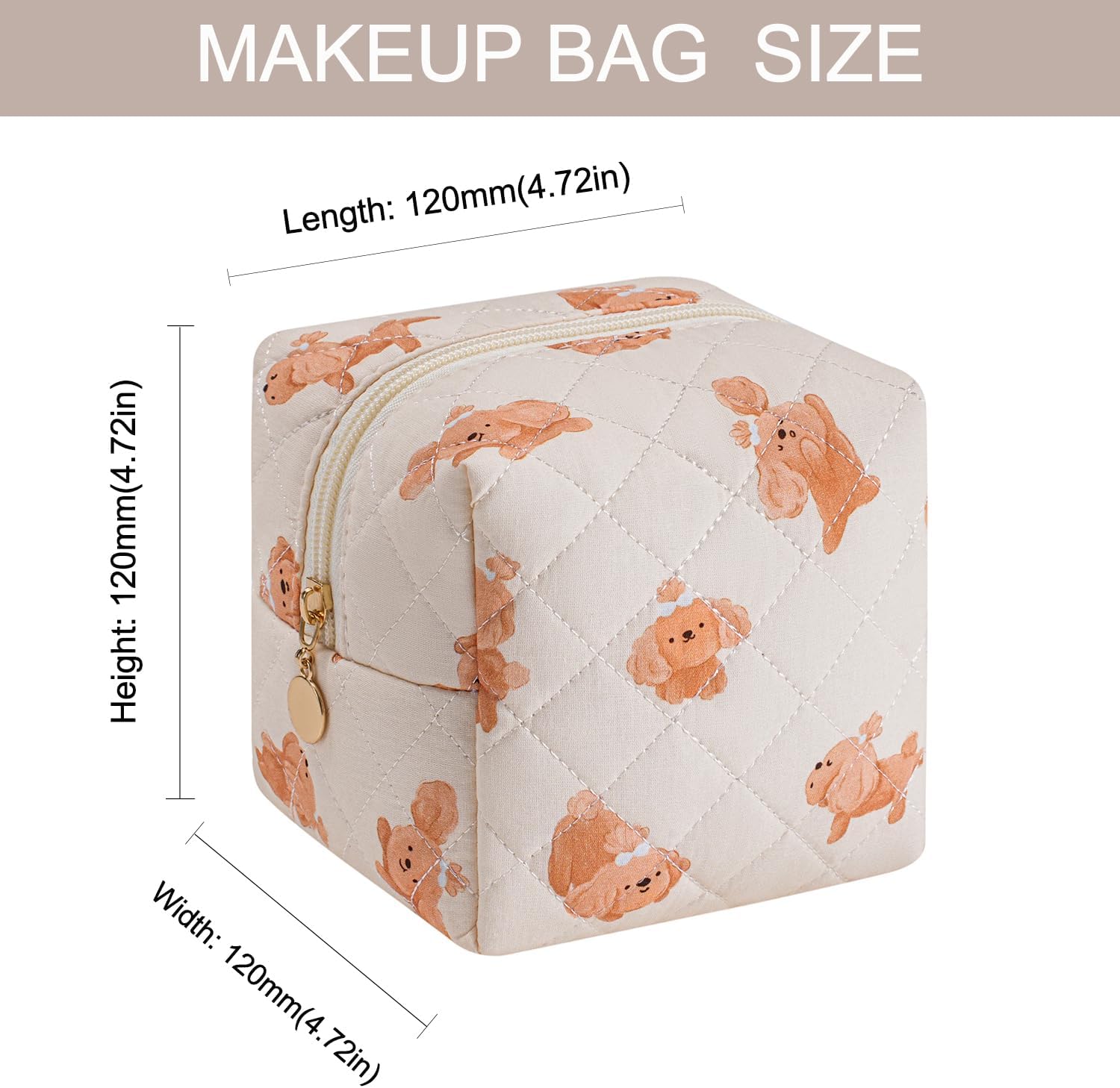 Cube Cosmetic Makeup Bag Small Cotton Quilted Makeup Pouch for Purse Cute Floral Travel Toiletry Zipper Pouch (Dog) - Image 6