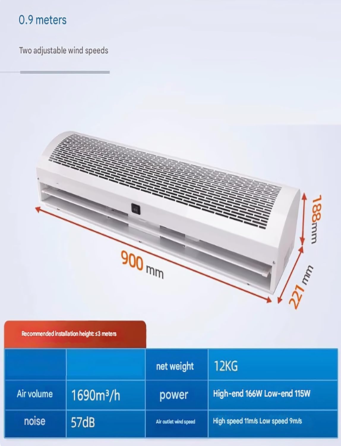 Air Curtain for Commercial Use - Low Noise, Two-Speed Adjustable, Energy-Saving Design for Entrances and Exits, Ideal for Indoor Environments