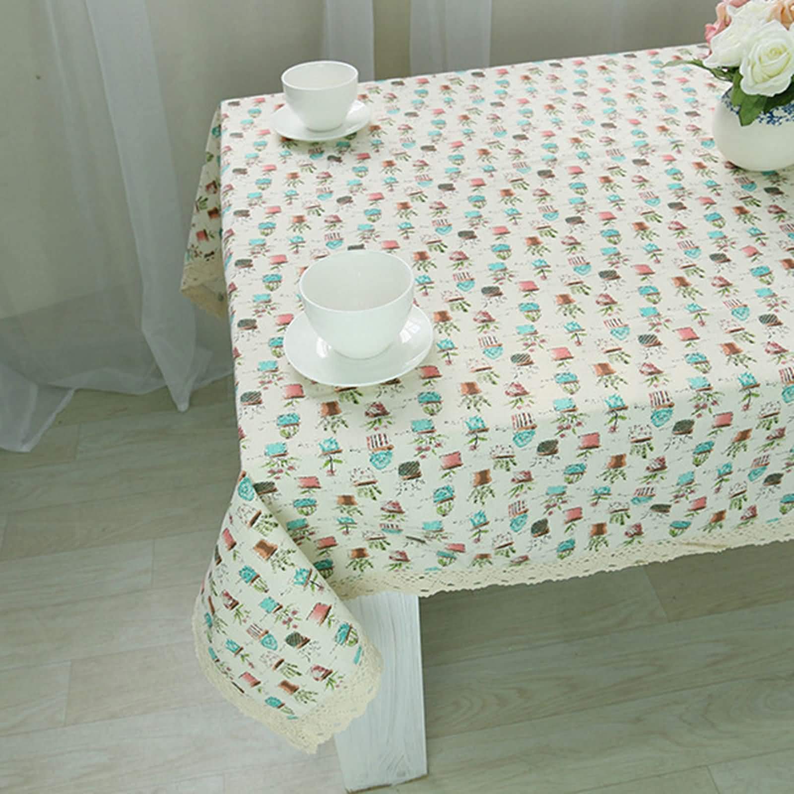 AMDXD Manteles de Algodon y Lino, Patrón de Maceta Mantel Mesa Rectangular para Bodas Fiesta Buffet Navidad Cumpleaños Restaurante, Blanco Azul, 140x180CM