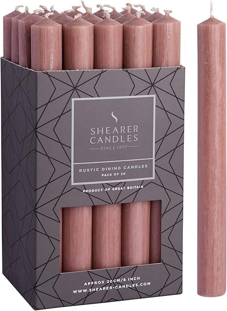 Shearer Candles Dusky Pink - Dinner Candles - 8 inch - Unscented Dinner Candles - 8 Hour Burn Time - 20 Pack