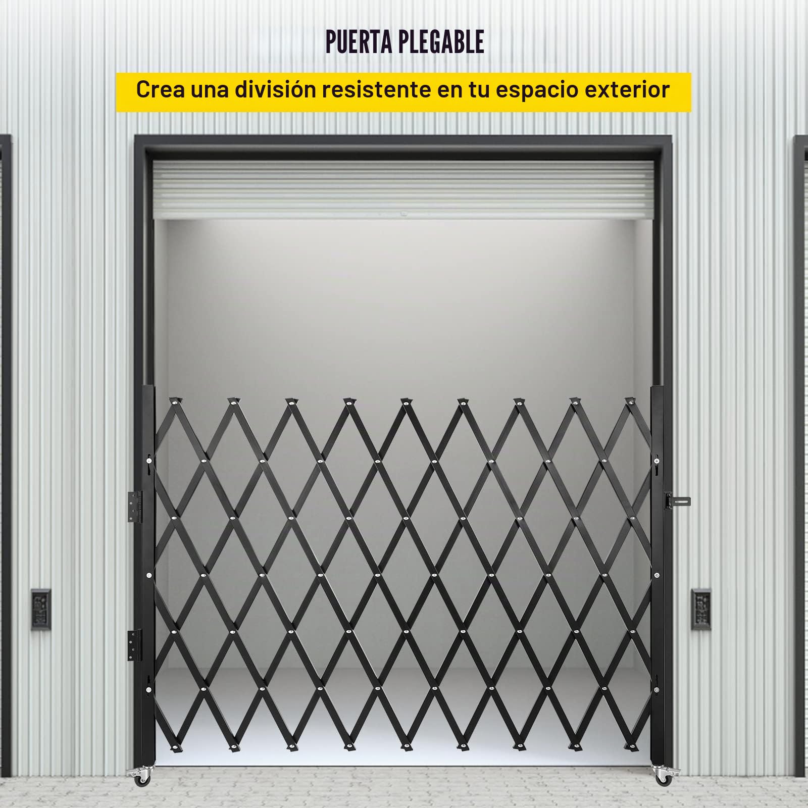 VEVOR Barrera de Seguridad Extensible Plegable Simple, 1,9 m H x 1,26 m L, Valla de Escalera de Acero, rodante a 360°, Barrera de Tijera o Puerta con Cadenas, para casa sótano de Garaje, Negro