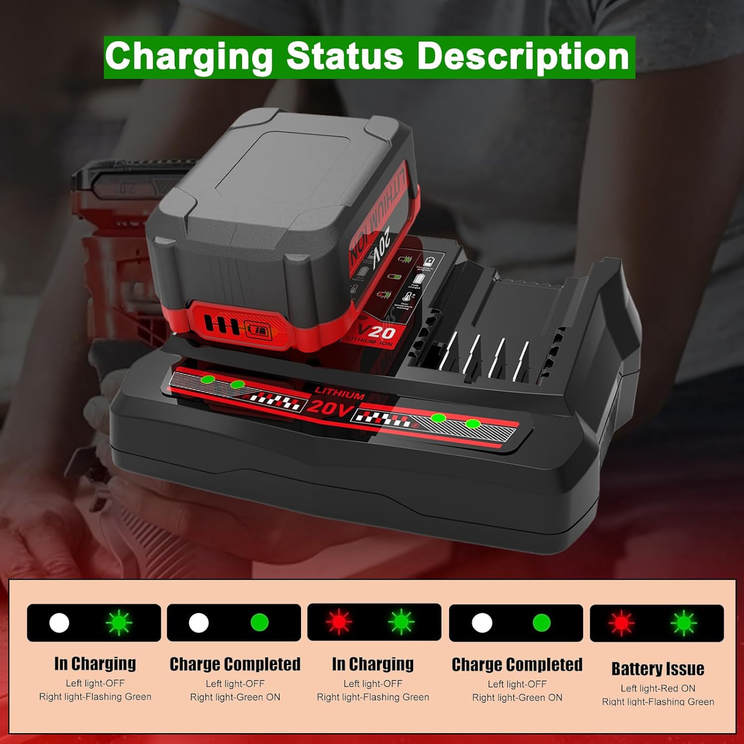 CMCB124 Dual Port 20V Charger Replacement for Craftsman 20V Battery Charger Compatible with Craftsman V20 Lithium Ion Battery CMCB201 CMCB202 CMCB203 CMCB204 CMCB205 CMCB206