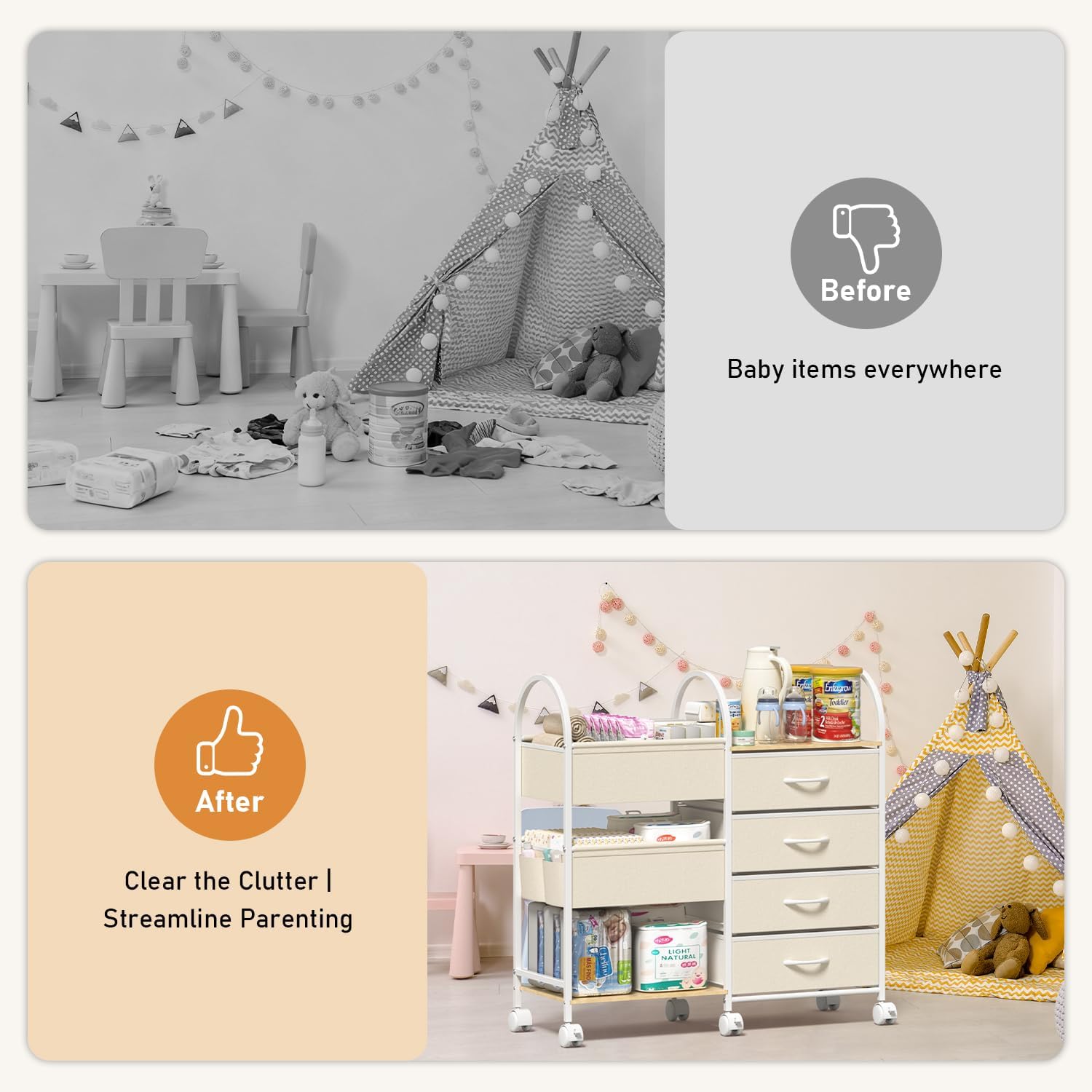 Baby Organizer and Storage Cart, 4-Tier Rolling Utility Cart with Wheels, Dividers and Drawers, Easy to Assemble for Nursery, Bedroom & Changing Table, White