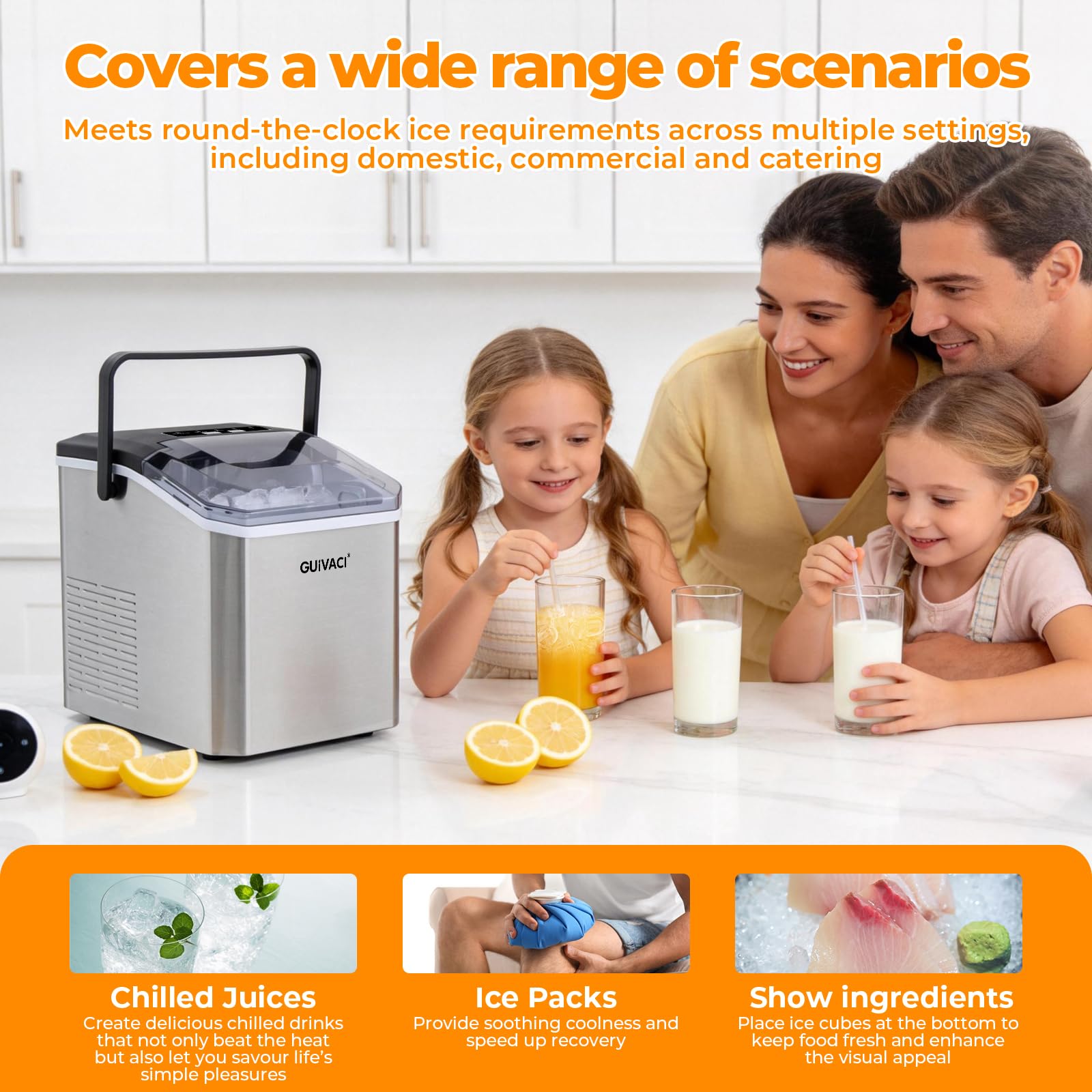 Máquina para hacer cubitos de hielo con autolimpieza – 9 cubitos en 6 min, 12 kg/24h, 2 tamaños, portátil con asa, para cocina, oficina, bar y fiesta