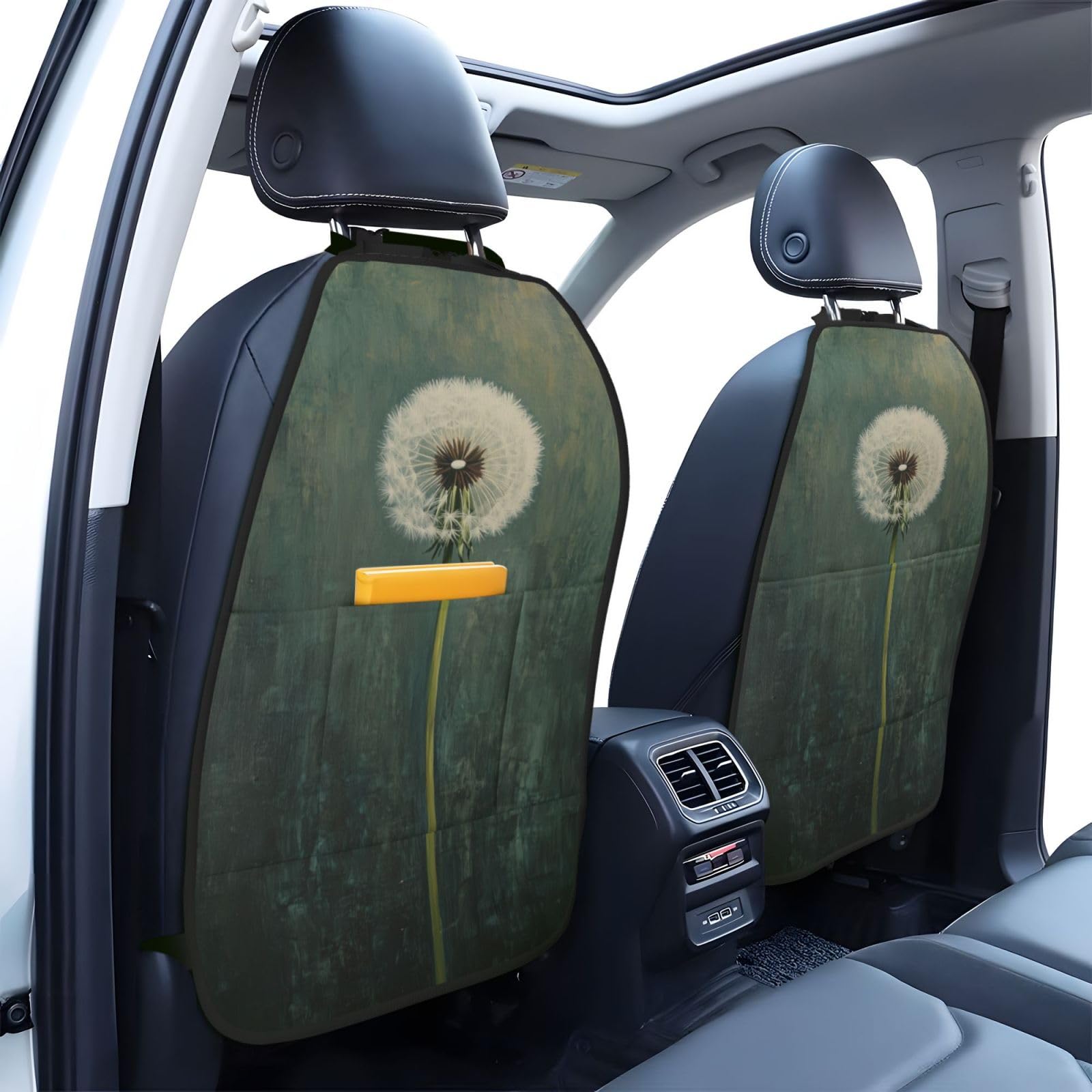 Single White Dandelion Flower Car Seat Back Kick Protectors,2 Pack Kick Mats With Storage Pockets For Vehicles To Protect From Dirt Mud Scratches
