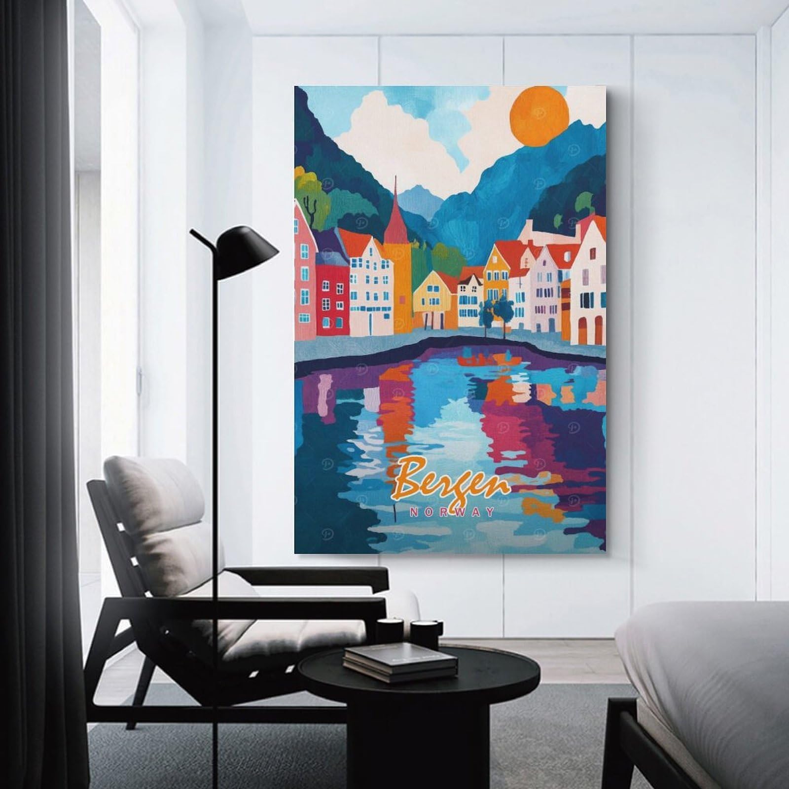 Junmoney Wall Decor Canvas Print Bergen, Norway Watercolor, 20x30inch(50x75cm), for Bedroom Walls, Guest Spaces Or Lounges, An Easy Wall Refresh for Bedrooms