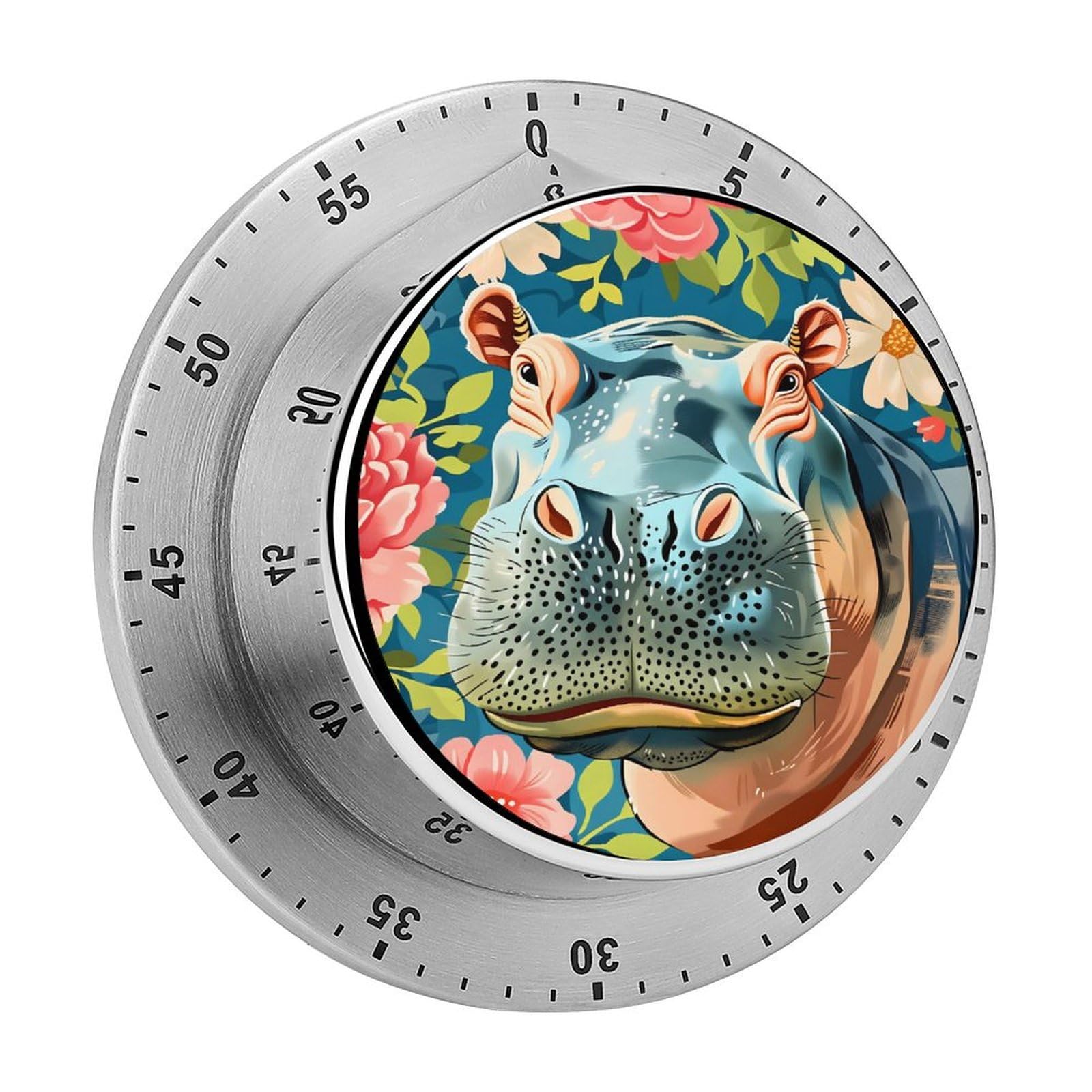 Floral Flower Hippo 60 Minute Wind Up Timer,Visual Mechanical Magnetic Timer with Loud Alarm for Kitchen