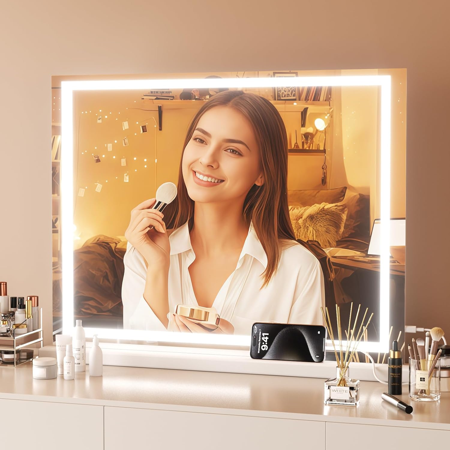 Vanity Mirror with Lights, 23" x 18" Makeup Mirror, Lighted Makeup Mirror with 3 Color Modes & Adjustable Brightness, Detachable 10x Magnification and USB Charging Design (White) 18"L x 23"W