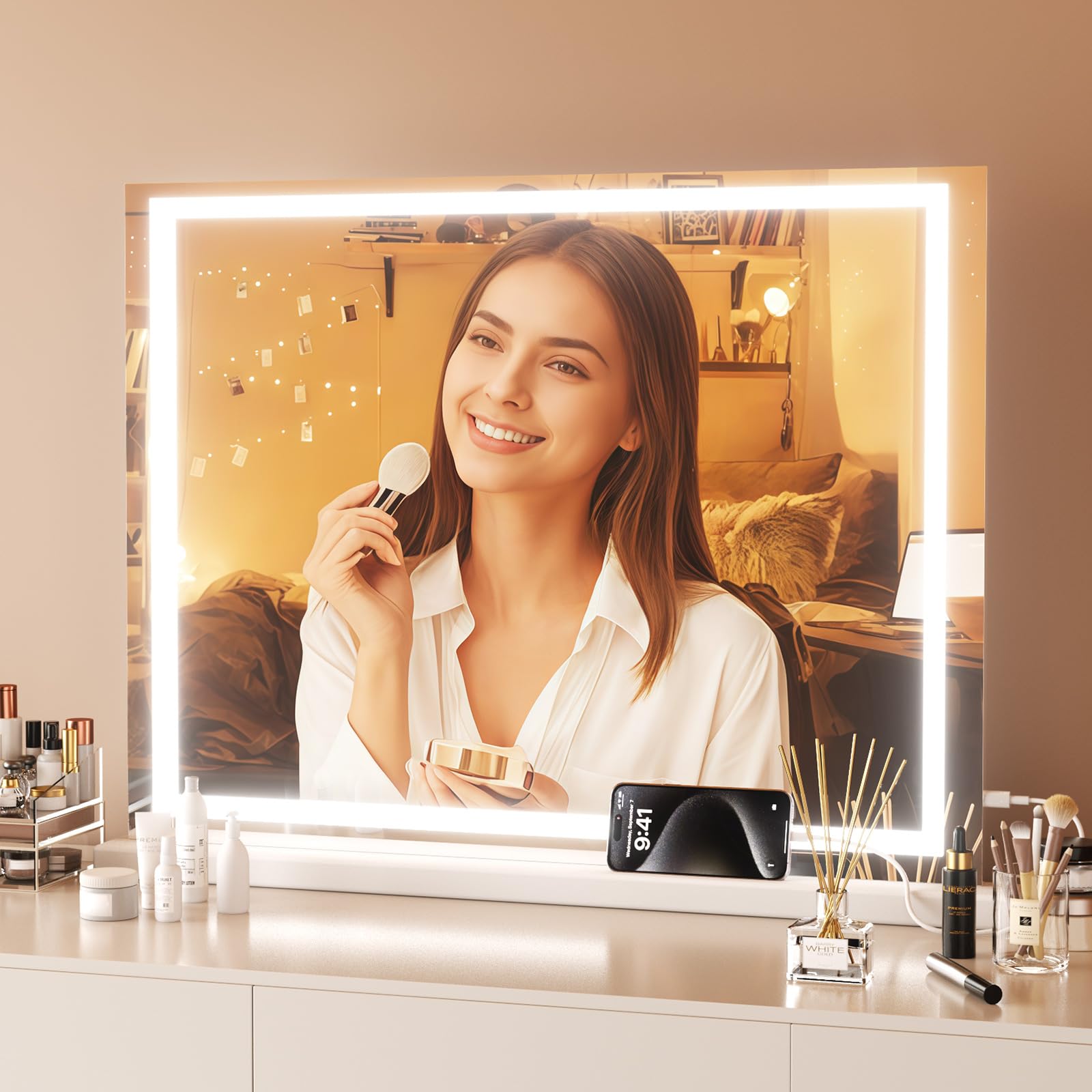DKGEVEAO Vanity Mirror with Lights, 23" x 18" Makeup Mirror, Lighted Makeup Mirror with 3 Color Modes & Adjustable Brightness, Detachable 10x
