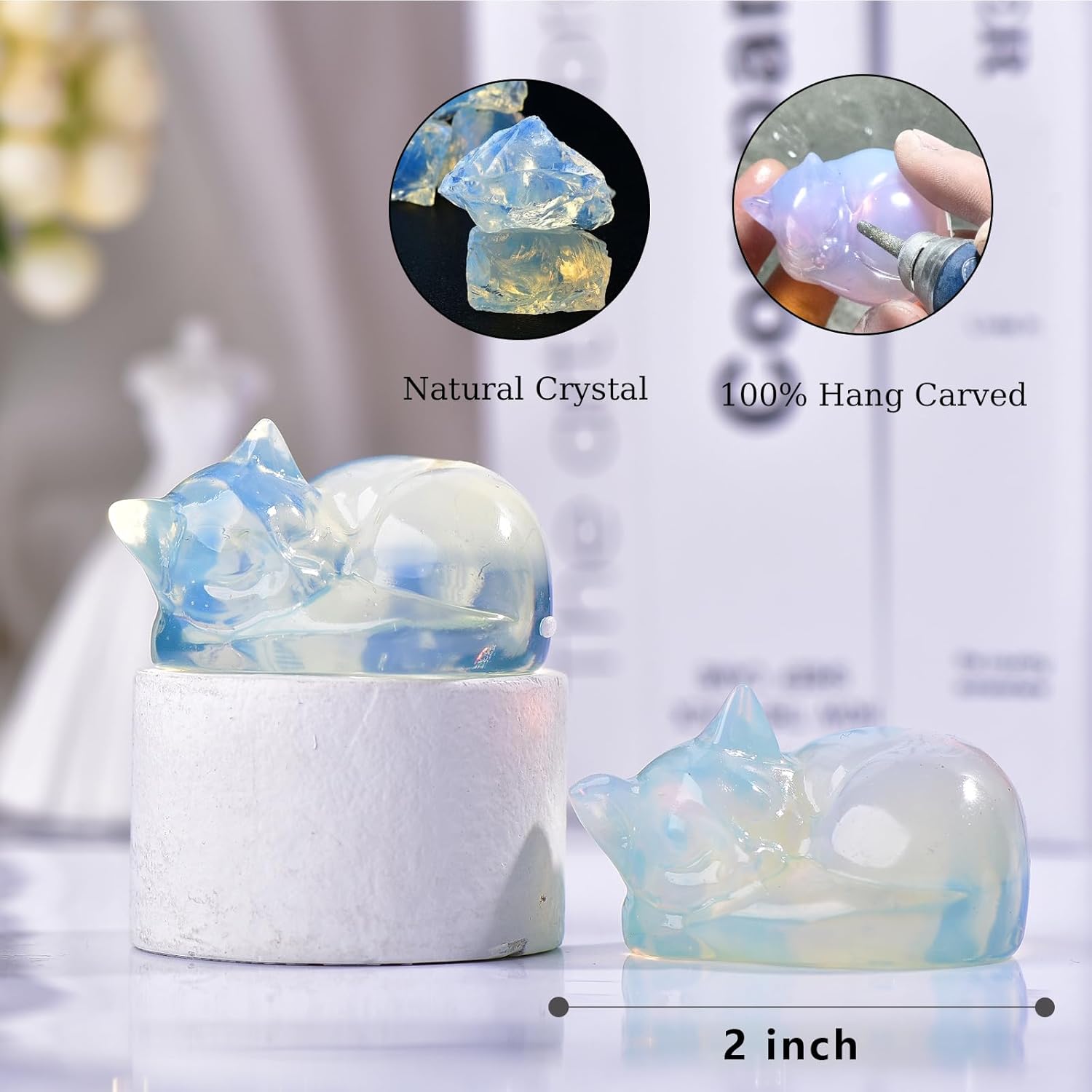 2.1 Inch Opal Cat Crystal Statue, Healing Crystal Sleeping Cat Gemstones Decorations, Lucky Cute Kitten Figurines, White Cat Gift Home Office Desk Decor for Women and Men - Image 2