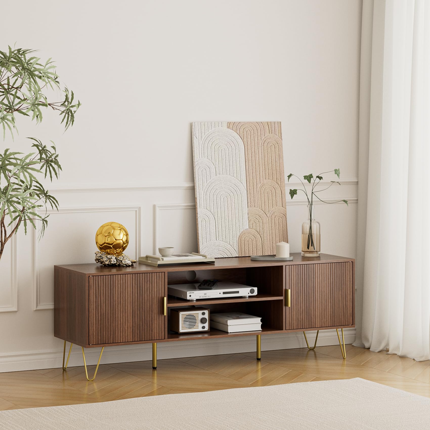 HEYZOEY TV Schrank, Lowboard für TV bis 60 Zoll, 2-türiges TV Board mit Schränken für Wohnzimmer (Nussbaum, 137 x 38 x 48 cm)