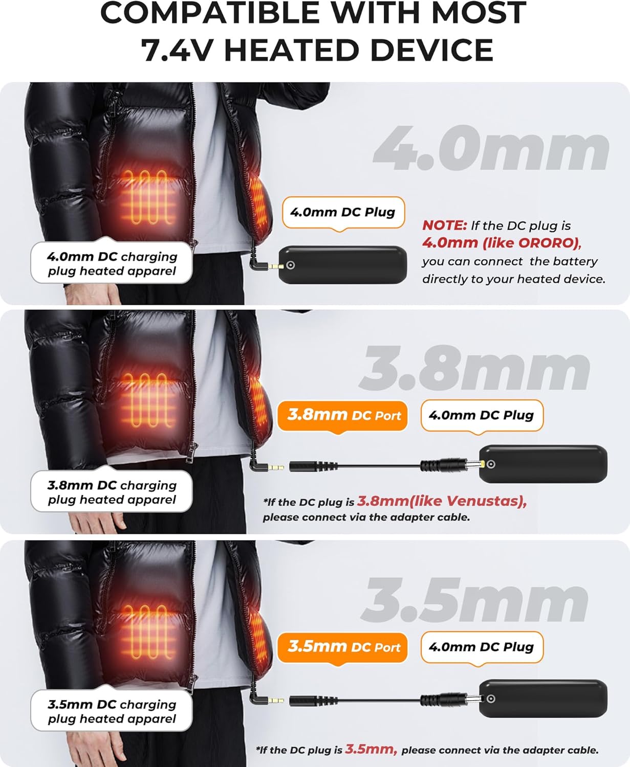 16000mAh 7.4V 5V Heated Vest Battery Pack Compatible with ORORO, 7.4V Battery Pack for Heated Vest with 2 Adapter Cable, 5V Rechargeable Heated Jacket Power Bank for Weamest, for Waitcoss, for Topdot - Image 3