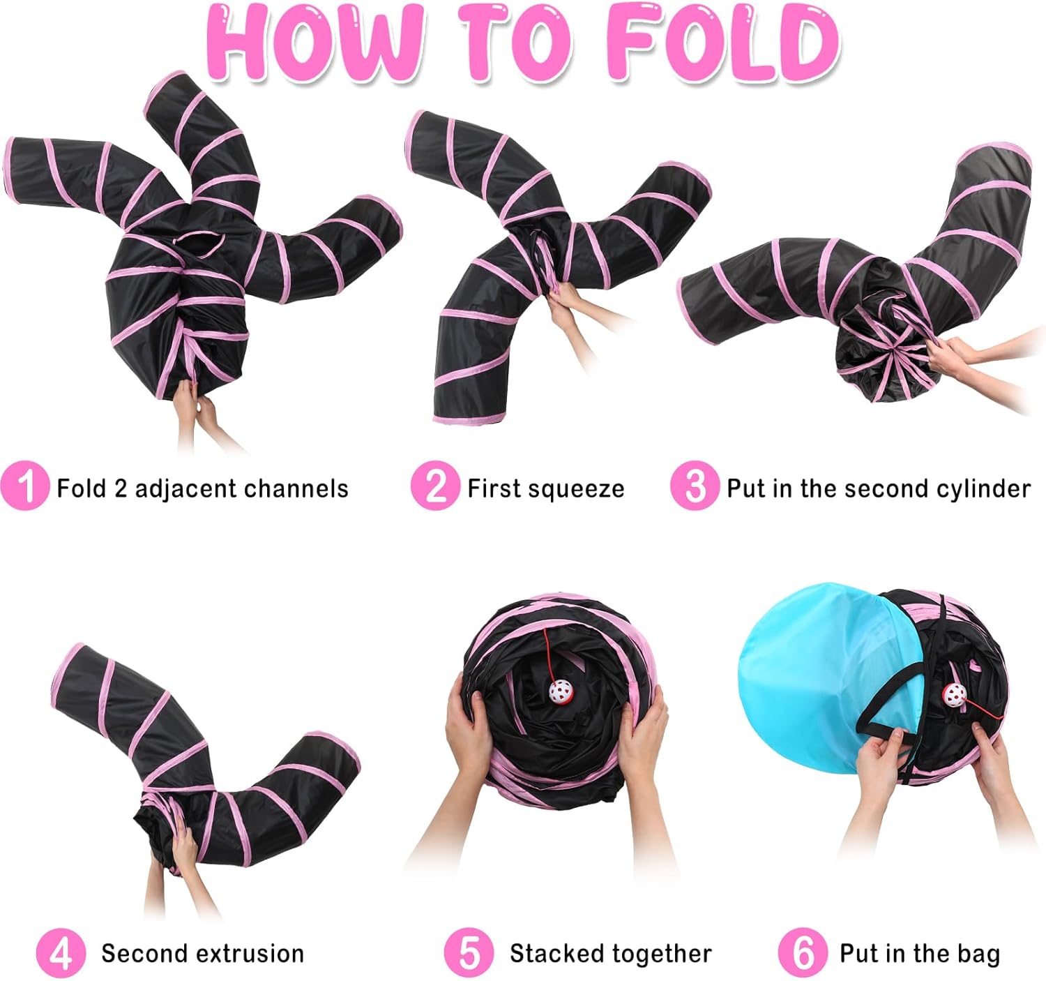 Poen 21 Pcs Cat Tunnel for Indoor Set Collapsible 5 Way Tubes with 20 Pcs Cat Kitten Toys Interactive Feather Toy Mouse Crinkle Balls Tube for Puppy Kitten Rabbit(Pink Black)