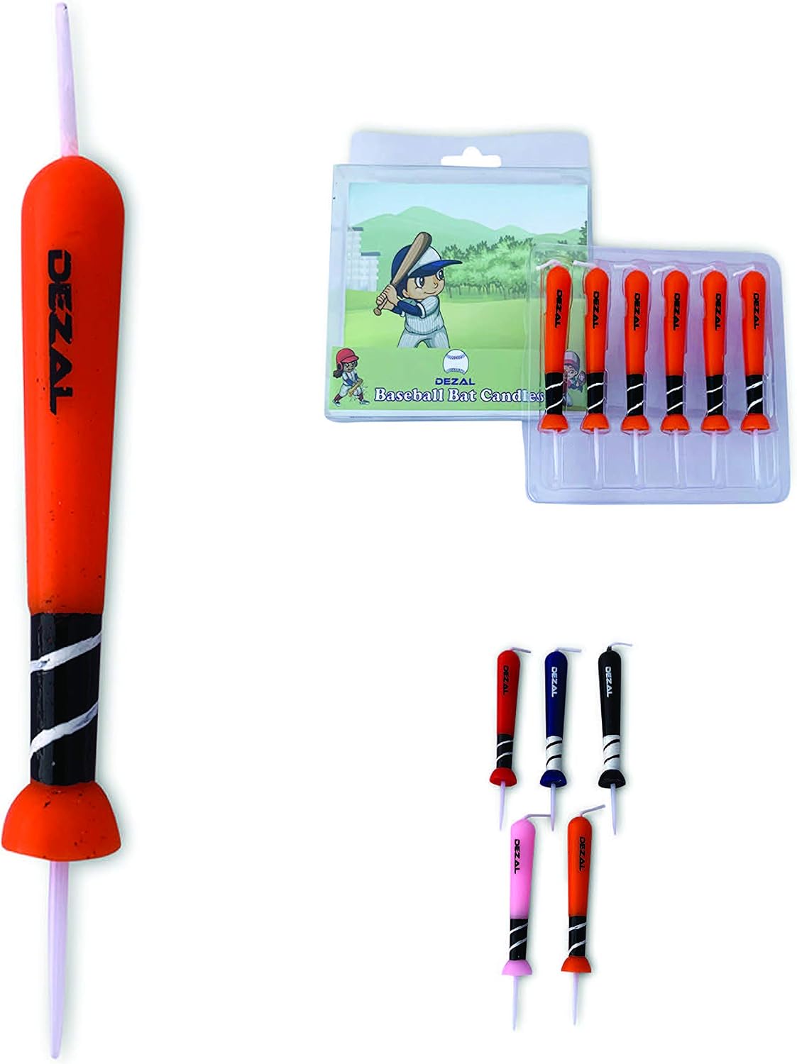 DEZAL Orange Baseball Bat and Softball Bat Candles (6 Pack) for Baseball Birthday Party Supplies and Decorations – Cupcake and Birthday Cake Topper Candles for Softball Fastpitch and Baseball Fans