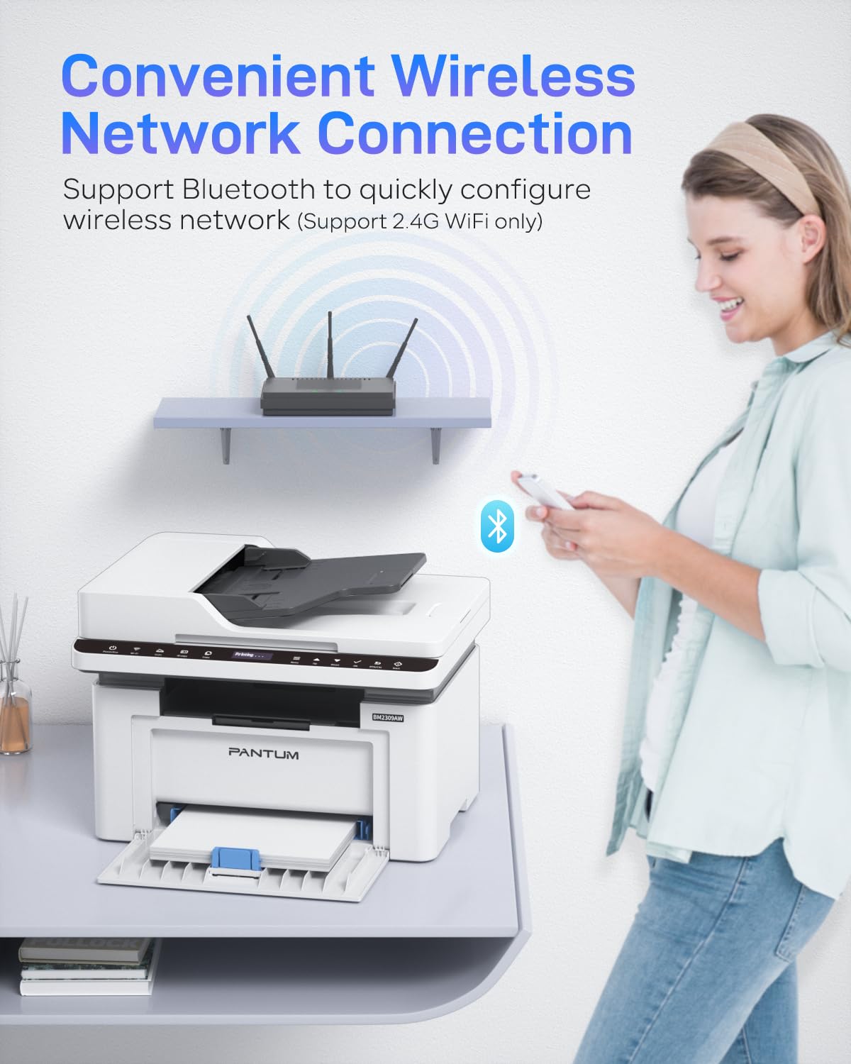PANTUM BM2309AW BM2300AW Impresora láser multifunción WiFi, Blanco y Negro, impresión escaneado Copia 3en1 con Alimentador de Hojas, impresión Manual A4 a Doble Cara, WiFi USB 0PPM, Airprint Mopria