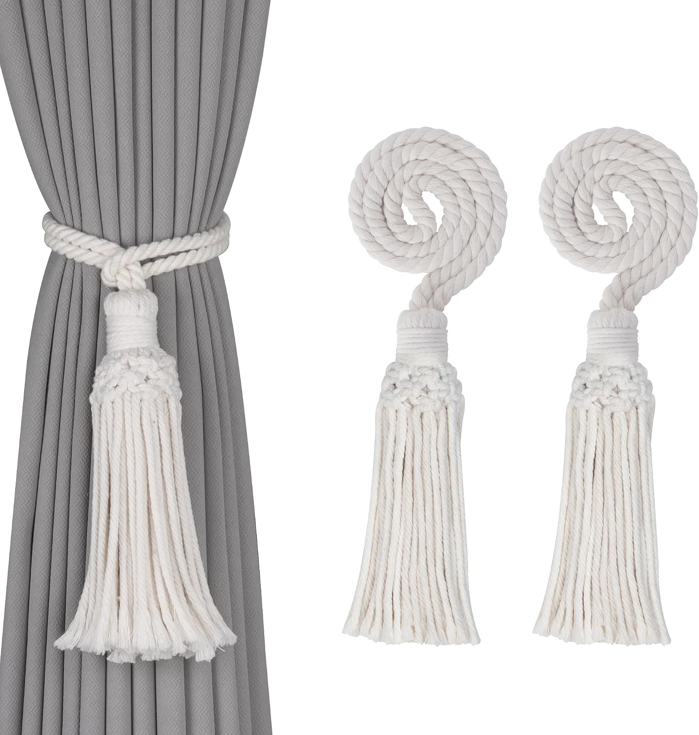 2 Pack Boho Decorative Curtain Tiebacks Hand-Woven Cotton No Drill Curtain Holdbacks with Tassel, Curtain Rope & Tassel Tie Backs for Drapes Natural Style (2, Beige)