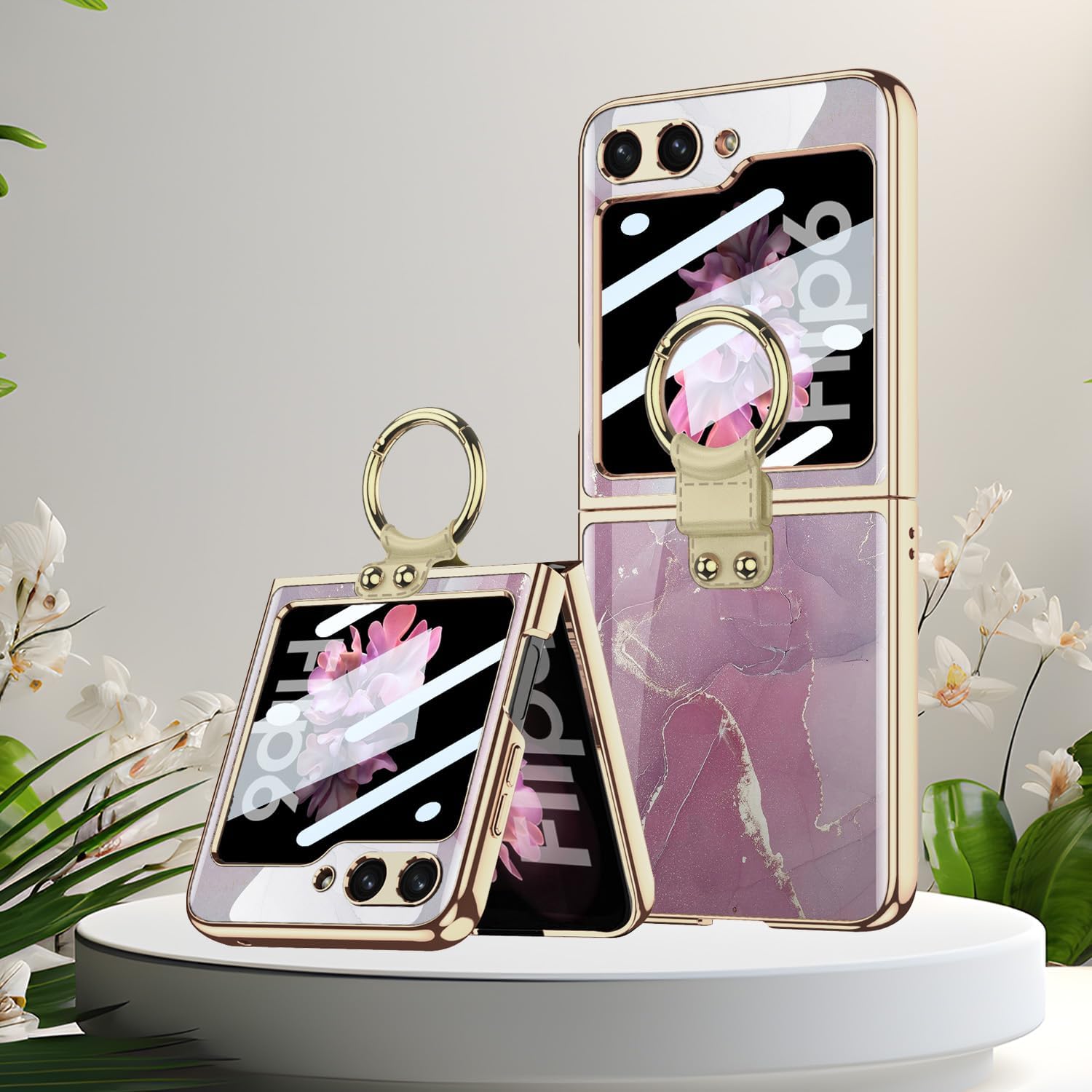 SHIEID Galaxy Z Flip 6 Case with Ring Stand - Ultra-Thin, Shockproof Protective Cover with Built-in Small Screen Protector for Samsung Galaxy Z Flip 6 Phone Case, Purple Pink