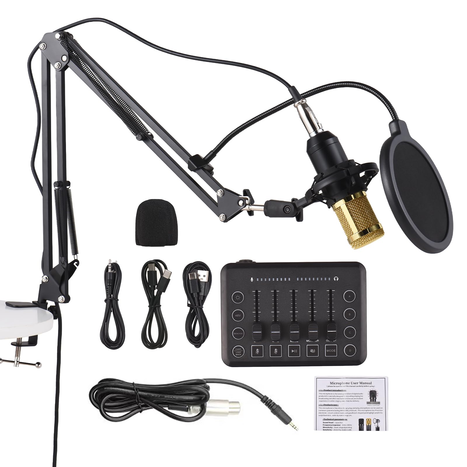 Paquete de Equipo de Podcast Paquete de Micrófono de Condensador Interfaz de Audio Tarjeta de Sonido en Vivo Todo en Uno y Micrófono de Condensador, Grabación Canto Juegos